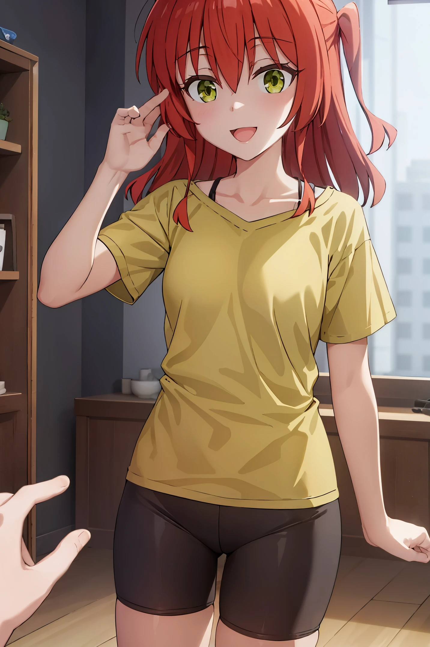 Room, 1 girl, best quality, ultra high res, long hair, red hair, green eyes, looking at viewers, small breast, standing, pov, slim body, loli body, small body, smile, open mouth, yellow shirt, short sleeves, bike shorts,