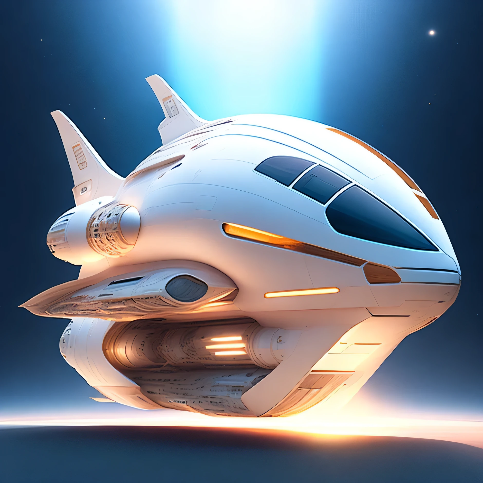 long spaceship,sci-fy，white shell，high qulity，Excellent，( globalillumination, Ray traching, HighDynamicRange, unreal render,Reasonable design, tmasterpiece, Best quality at best, hyper HD, 电影灯光)