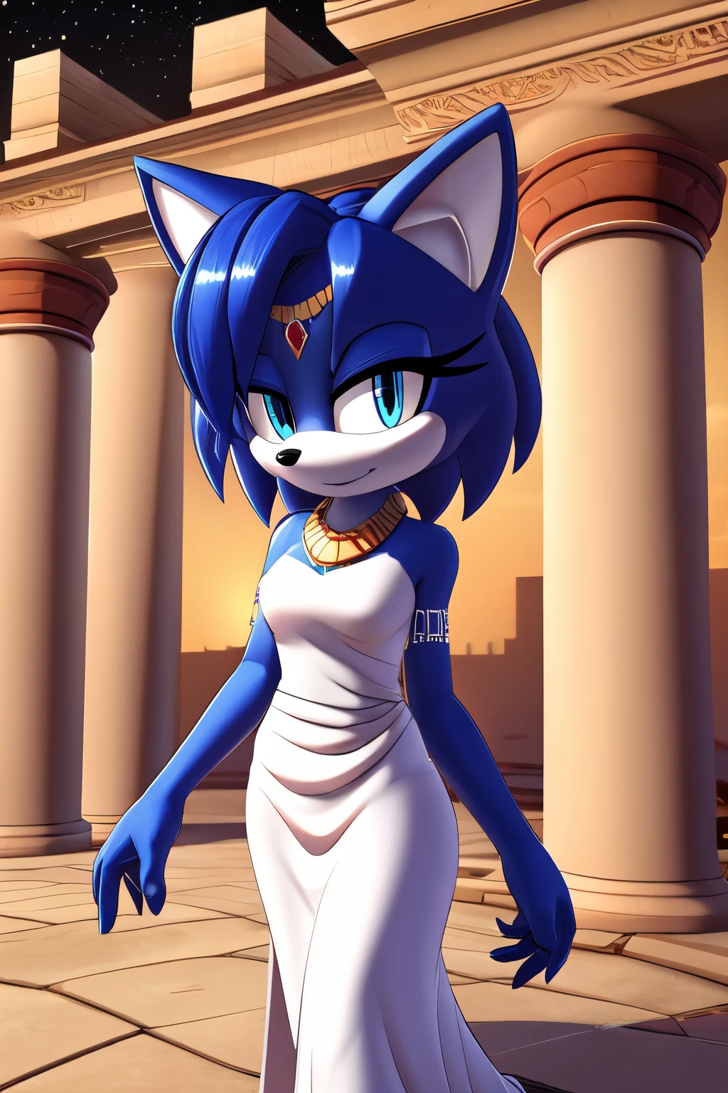 Krystal The Fox, Blue Fox, Blue Skin, Blue Eyes, Fox Tail, Beautiful, Short Hair, Jewelry, White Dress, Long Dress, Night, Stars, Looking at Viewer, walking, 2D illustration. A Background of a Roman pillars in a Roman temple, with flowers, upper body, close up