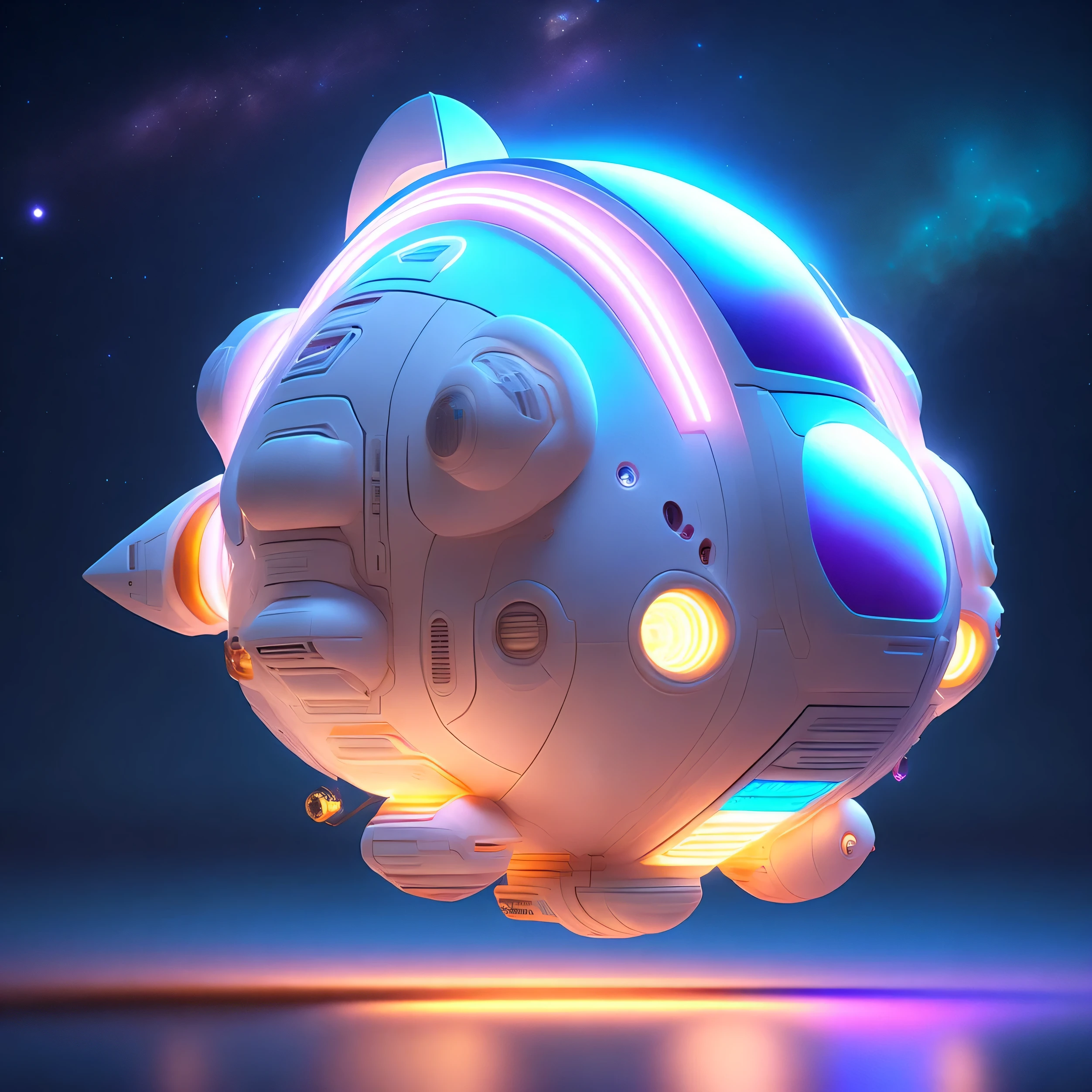 Spaceship,sci-fy，white shell，neonlight，high qulity，Excellent，tchibi, ( globalillumination, Ray traching, HighDynamicRange, unreal render,Reasonable design, tmasterpiece, Best quality at best, hyper HD, 电影灯光)