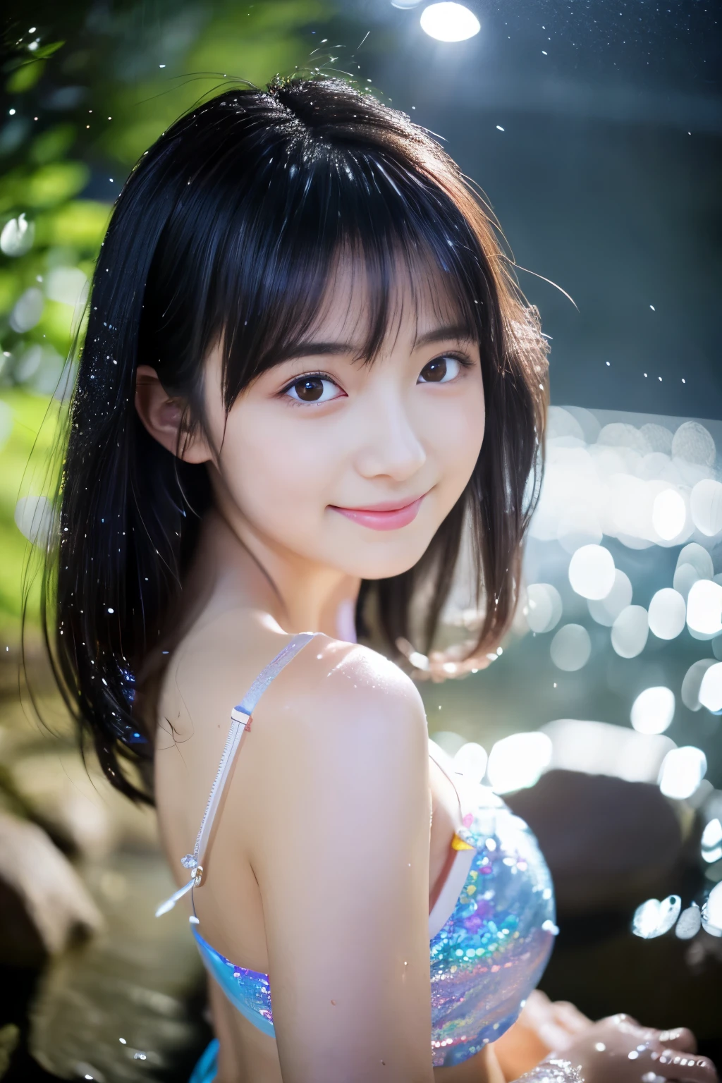 ((masterpiece))), (One beautiful Japan girl, classmates, landscape and innocence,kawaii,A dark-haired :1.4)) ,超A high resolution, Realistic, ultra-detailliert, 8K,top-quality, Extremely detailed, Detailed background,A slender,very beautiful japanese girl, Detailed face:1.3), , (a ,kawaii系,adorable girl),masutepiece, High resolution, 8K, Henyo Henyo smile,Eyes are double, Large,High image quality, High quality、Detailed background、early evening、rain is falling、Rain-soaked hair、White shirt wet in the rain,4 fingers, 1 thumb、Detailed female face、Cute and charming pose、masterpiece、Soft Focus , bright and gentle light , Lens Flare , Glitter , Glow , Dreamy , Wet in the rain, clothes that cling to one's body、(Pale black bra shows through)、((Heavy rain background))、(((Beautiful water background、a miniskirt、With the rainbow in the background))),beautiful thigh