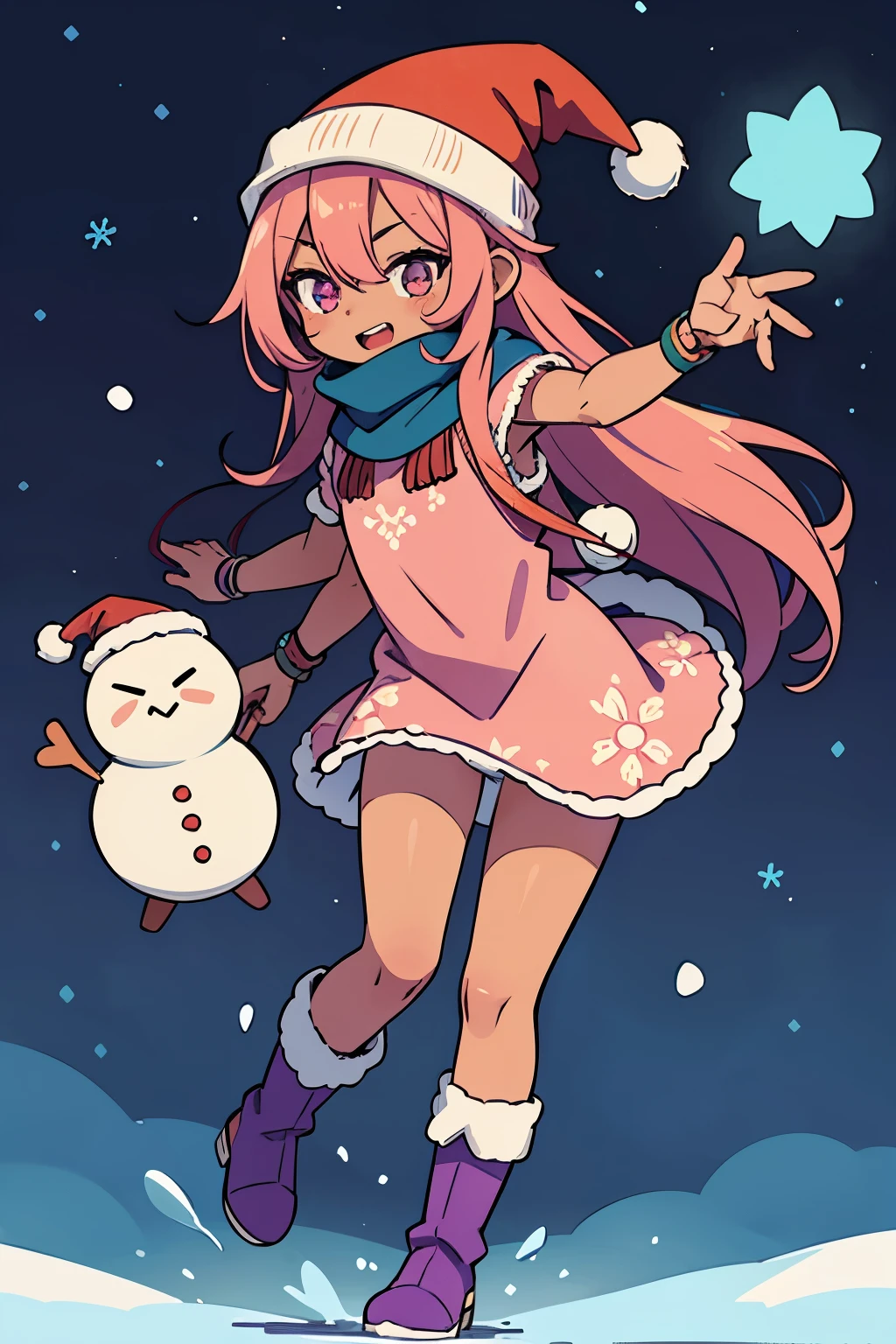 Stand in front of the photo、1girl in, (((dark skin))), Full body,long pink hair,long boots,Open mouth and big smile、kawaii pose、Flowing iridescent silk、Wearing colored tights、up of face、Eye Up、Colorcon with heart pattern、Floral dress、Posing with a snowman、snowscape、season!!: Winters☀ 🍂, snow, (purple night background), santa hat, scarf, cold