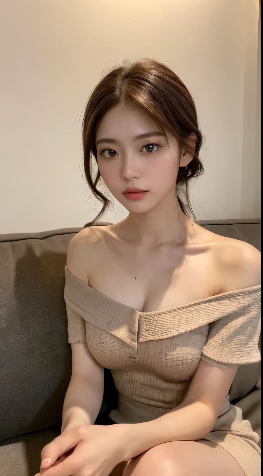((night scene, Realistic light, Best Quality, 8K, masutepiece: 1.3)), 1girl in, Beautiful woman with a slim figure: 1.4, (Brown hair, medium breasts: 1.3), Off-shoulder cut top: 1.3, sofa, Super Detailed Face, Detailed eyes, Double eyelid nude