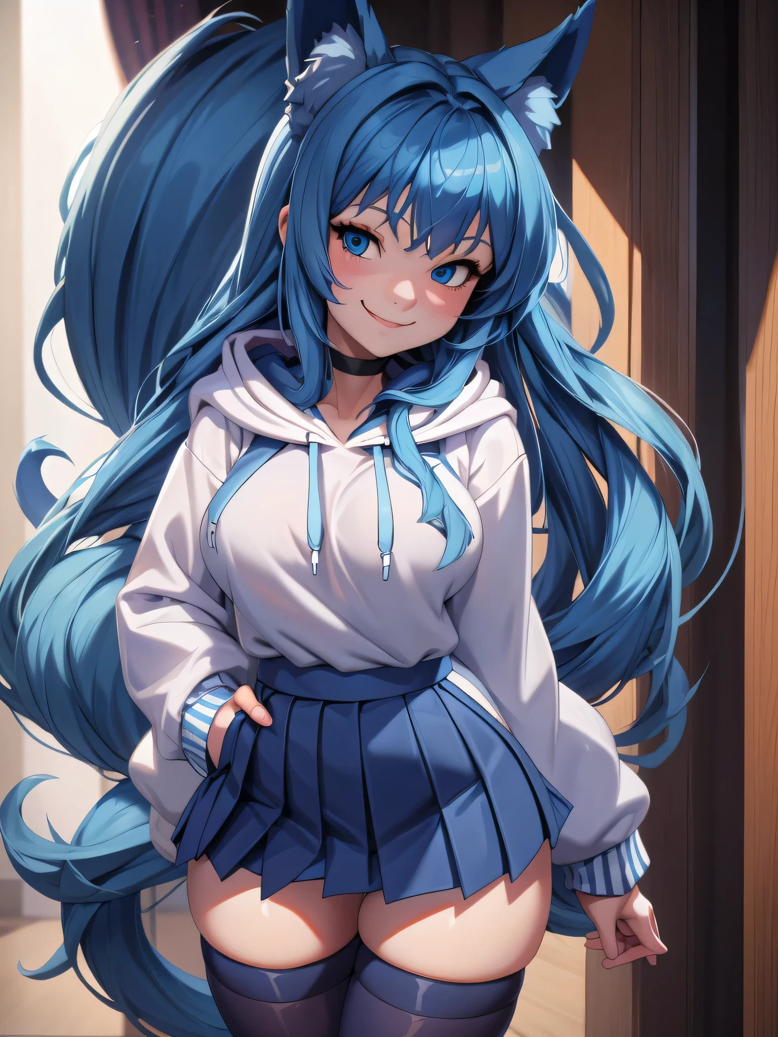 (Masterpiece) (High Detail) (High Res) A close up of short skinny humanoid girl with pale human skin and blue eyes and long blue hair and blue dog ears and a big fluffy dog tail and average bust. British face. She is smiling and is wearing an oversized navy hoodie and a navy pleated skirt and thigh-high stockings.