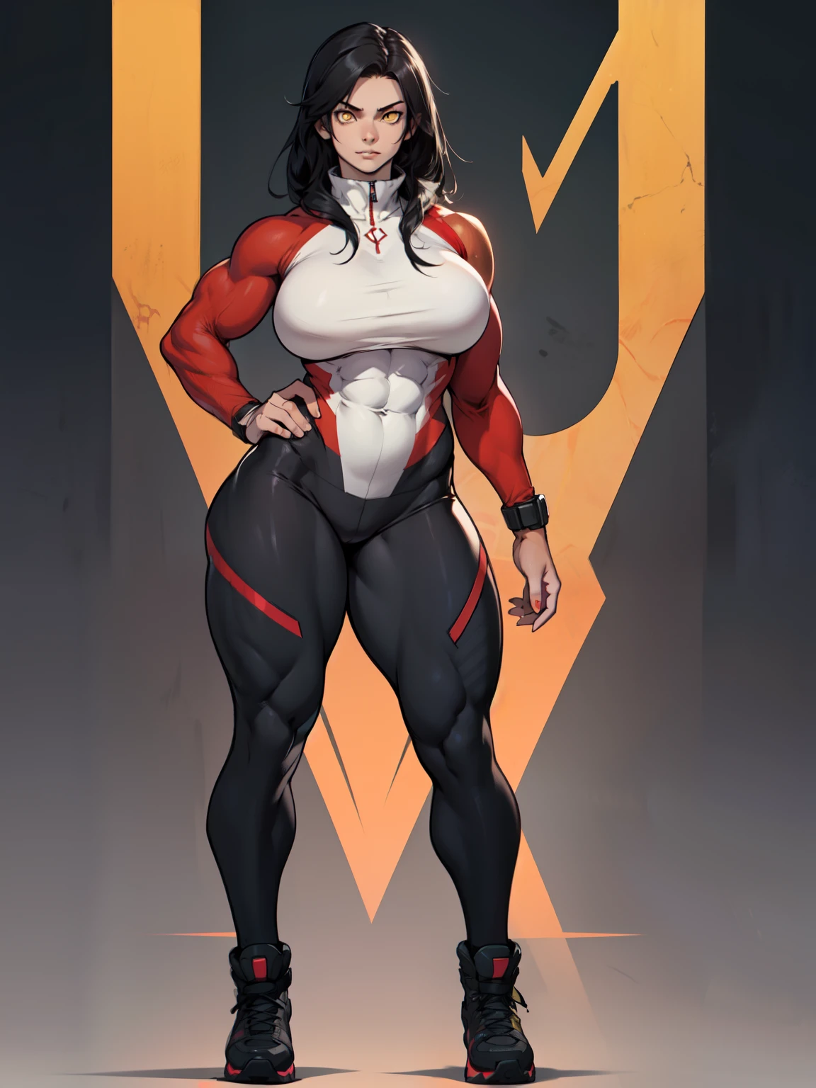 full body full body solo standing skintight (((muscular girl toned body massive breasts))) yellow eyes black hair pale skin