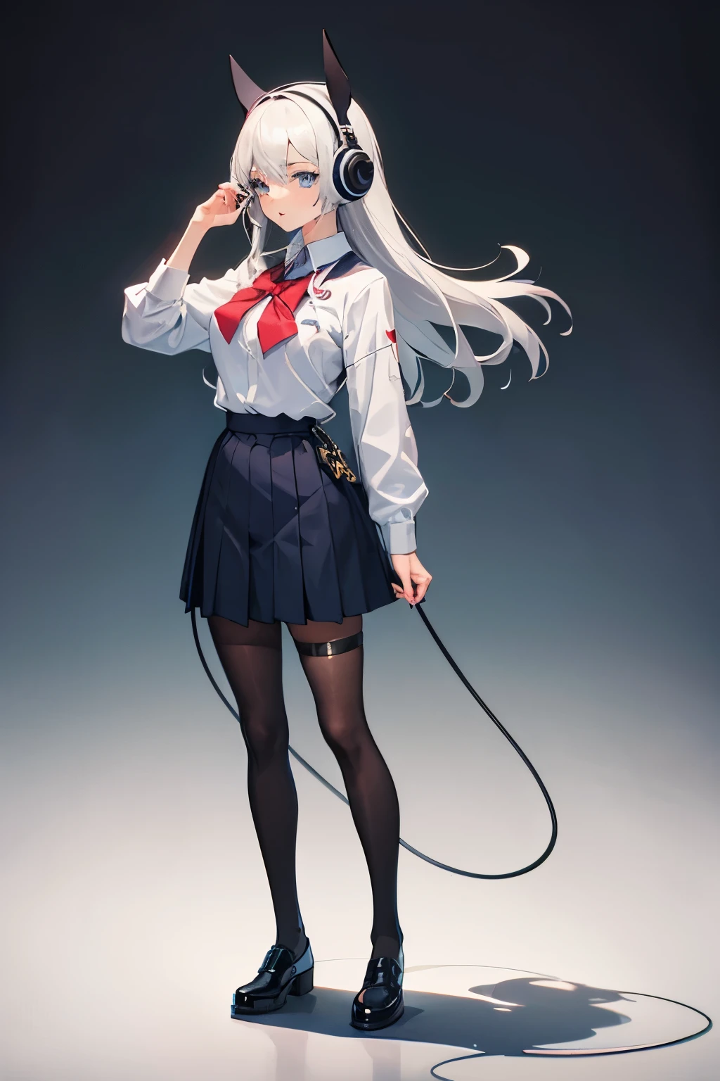 "anime girl, 1 person, silver white hair mixed with black, blue eyes, wearing headphones, female shirt, female school uniform, big breasts, chin in hand, tights, standing cross-legged, licking lips,chibi,full body ,solo,side view, (full HD 4K+ image)"