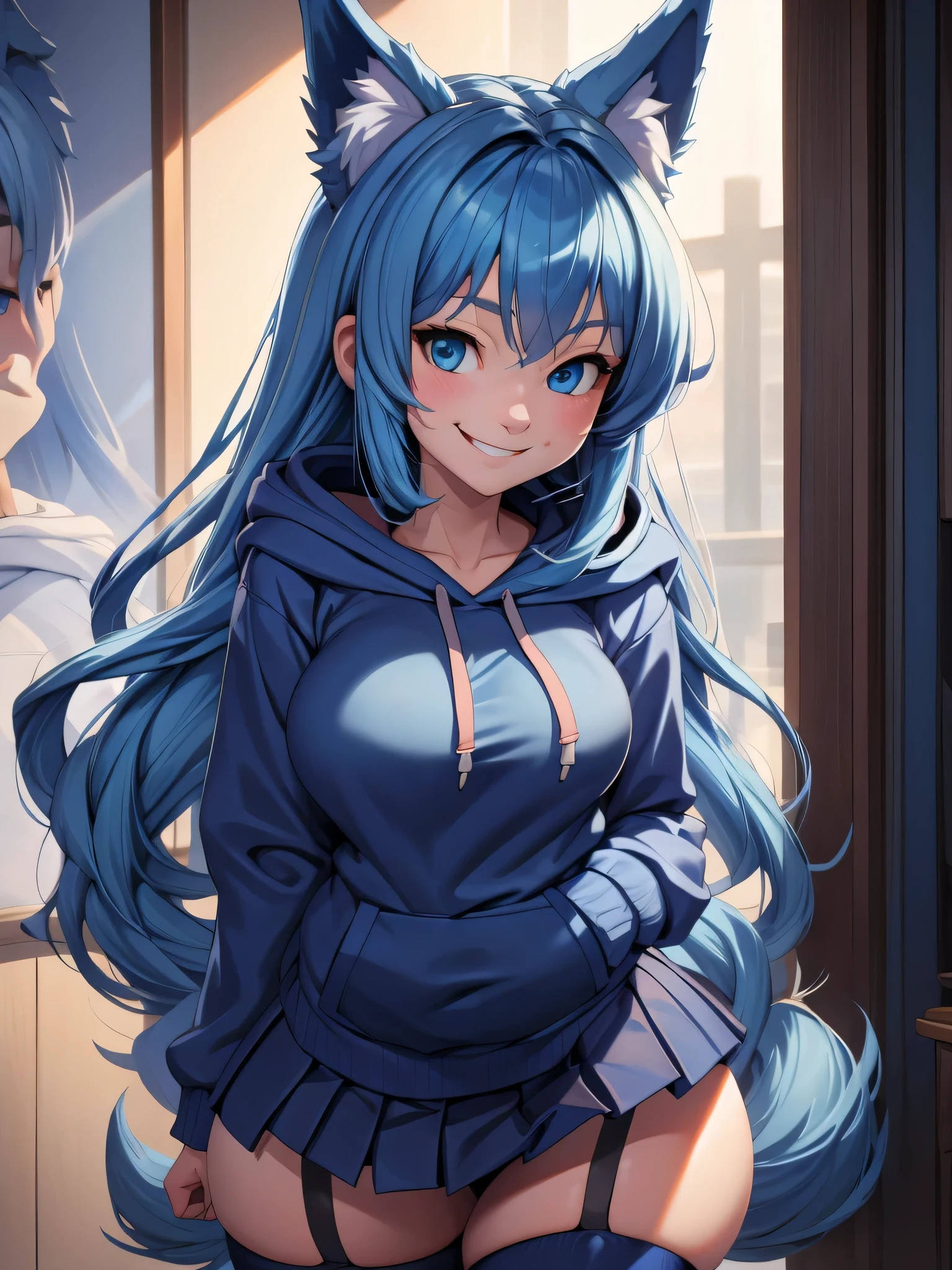 (Masterpiece) (High Detail) (High Res) A close up of short skinny humanoid girl with pale human skin and blue eyes and long blue hair and blue dog ears and a big fluffy dog tail and average bust. British face. She is smiling and is wearing an oversized navy hoodie and a navy pleated skirt and thigh-high stockings.