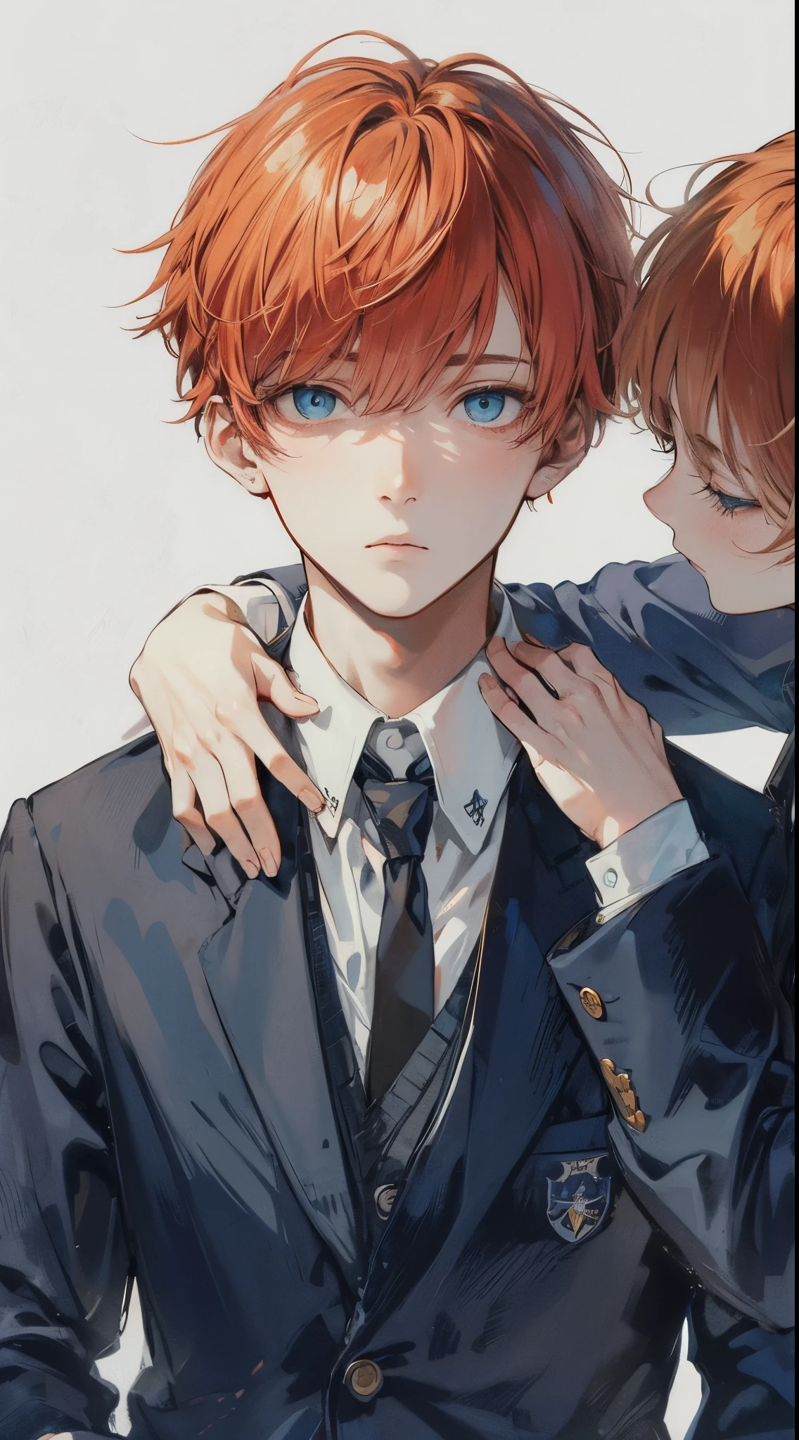 handsome young man with red hair and blue eyes, wearing a white shirt and a navy blue blazer, which resembles a school uniform. He is holding a book to his chest with a distressed expression on his face. Another person, of whom only the part from the shoulders down is depicted, is placing their hands on his shoulders from behind.high quality, amount of drawing, pixiv illustration