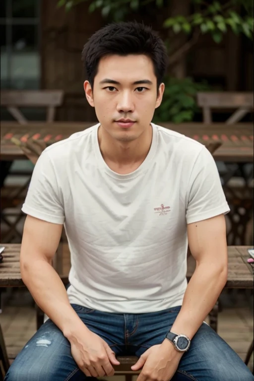 1male, masculine, 30 years old., (เครื่องแต่งกายStelleเป็นทางการ, Jeans, t-shirt,Random Colors),. (eyeglasses, black, Rebranding.), (Stelle, restaurant,), (environment, อาหารบนtable,table,chairs,people)., (manners, Seated, stand, speak...., eat,.),master-piece, คุณภาพดีStelleสุด, Body Parts., full entire body, Shapely, Good looking, 8k UHD, DSLR, grain of film, Fujifilm XThotoreistic realistic art illustration by midjourney and greg rutkowski..,