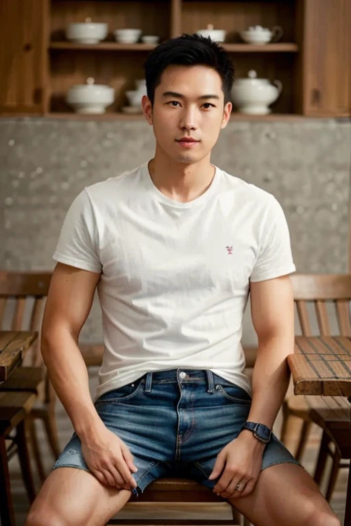 1male, masculine, 30 years old., (เครื่องแต่งกายStelleเป็นทางการ, Jeans, t-shirt,Random Colors),. (eyeglasses, black, Rebranding.), (Stelle, restaurant,), (environment, อาหารบนtable,table,chairs,people)., (manners, Seated, stand, speak...., eat,.),master-piece, คุณภาพดีStelleสุด, Body Parts., full entire body, Shapely, Good looking, 8k UHD, DSLR, grain of film, Fujifilm XThotoreistic realistic art illustration by midjourney and greg rutkowski..,