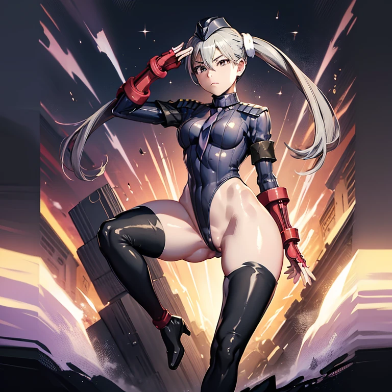 ultra-detailed, Explicit, Beautiful body, Beautiful Nose, Beautiful character design, perfect eyes, perfect face, ultra highres, 4K, beautiful legs, perfect legs, Nice hands, Perfect hand, Masterpiece, Best Quality, Highly detailed, illustration, absurdres, street fighter, doll suit, shadaloo doll, dollsuit, girls, multiple girls, expressionless, blank eyes, looking at viewer, red gloves, emotionless, black latex, corrution, mind control, female combatant, full body, hypnotized, unhappy trance, full body suit, ribbed bodysuit, both arms at side, obey, perfect female body, extremely glossy latex, hypnosis, hypnoLora, empty eyes, Mind control device, poses, submissive_pose, Slave, hat, necktie, stand up straight, standing, standing at attention, hat, necktie, belt, latex, ribbed bodysuit, thighhighs, garter belt, Fighting Stance, extending the right arm from the shoulder into the air with a straightened hand, nazi saluting, military, military saluting, salute, thigh boots, Oikura Sodachi, Owarimonogatari, twin tails, grey hair, grey eye, long hair