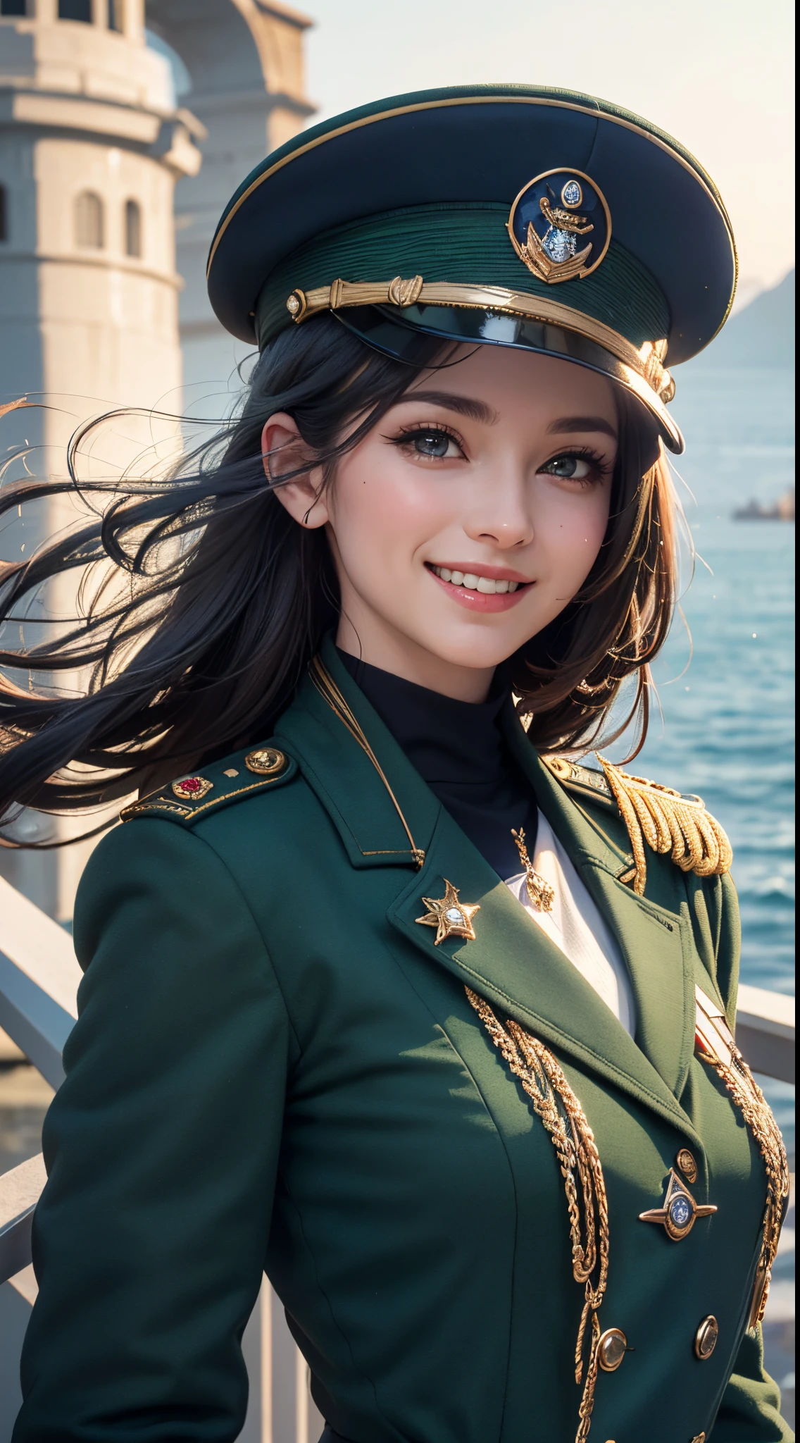A beautiful girl,A sweet smile,(Face details:1.6),Wearing a green military uniform,fresh flowers,lakes,parks