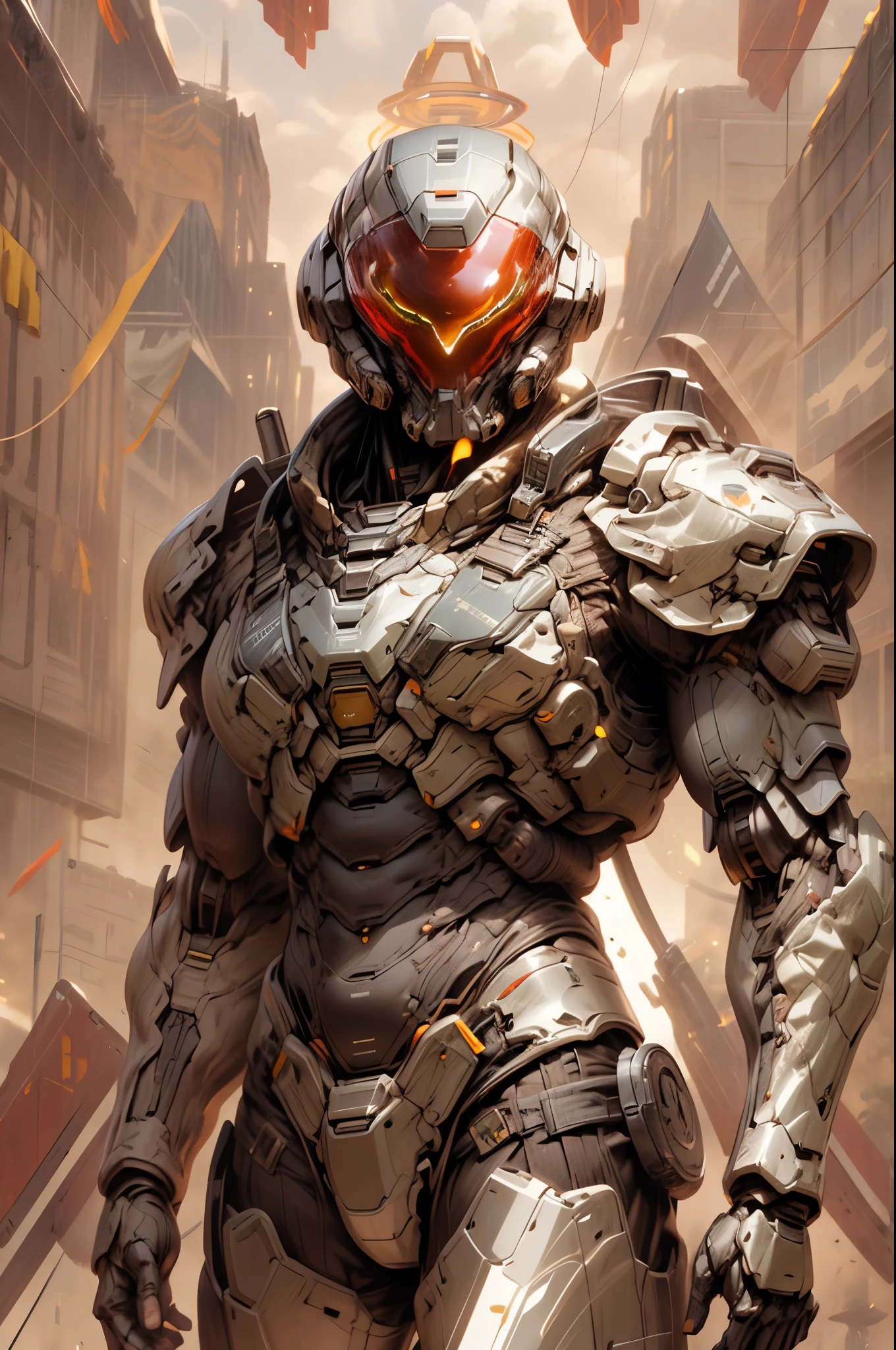(((An epic and visually stunning digital anime masterpiece featuring a sylphlike masculine ((male:1.5)) decorated military dieselpunk cyborg soldier clad in a sleek yet tactical armored yet decorated leather military trench coat:1.2))), (((flat masculine male chest:1.5, mechanical full head helmet, mecha helmet with narrow polarized visor:1.5))), (((the character adorned in a (scifi tactical armored open front trench coat with a built in exoskeleton) (over a form fitted armor plated yet super sleek and revealing under suit with waist cut outs), the armor plating on the upper arms and shoulders beautifully engraved))):1.4. The image showcases the intricacies of the character’s armor and clothing:1.5, ((capturing their flamboyant essence and heavy mecha aesthetic:1.2)). The character also possesses an androgynous charm, (((with slim yet heavily muscled physique:1.2, sylphlike with a sleek waist, toned yet beautifully sleek cybernetic arms:1.3, mechanical arms and legs:1.3, mecha muscles:1.3))), looking at viewer, (((brass metal armor and brown leather, dieselpunk:1.3))), (((depth of field, cinematic lighting, chromatic aberration, ray tracing, UHD, masterpiece, top of head covered, super detail, high details, high quality, award winning, 8k, highres, halo)))