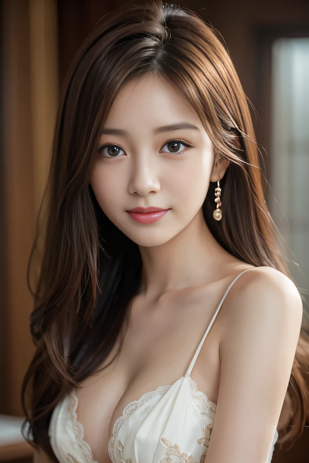 On a table,Best quality, realistically, ultra - detailed, Detailed pubic hair, A high resolution, solid color backdrop,8k wallpaper, 1 Beautiful woman,,light brown messy hair, lock focus, Perfect dynamic composition, beautidful eyes, Delicate hair, 细致realistically的皮肤纹理, Smiling, closeup portrait, Model body type