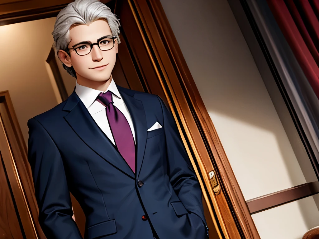 (top-quality:1.1), (masterpiece:1.1), (combed-back hair:1.2), (macho:1.2), Silver hair, sharp eye, Borderless glasses, Fancy suits, Smooth skin, a smile, Exclusive Club Lounges, (japanes:1.1), 18year old, is standing, Natural Posing
