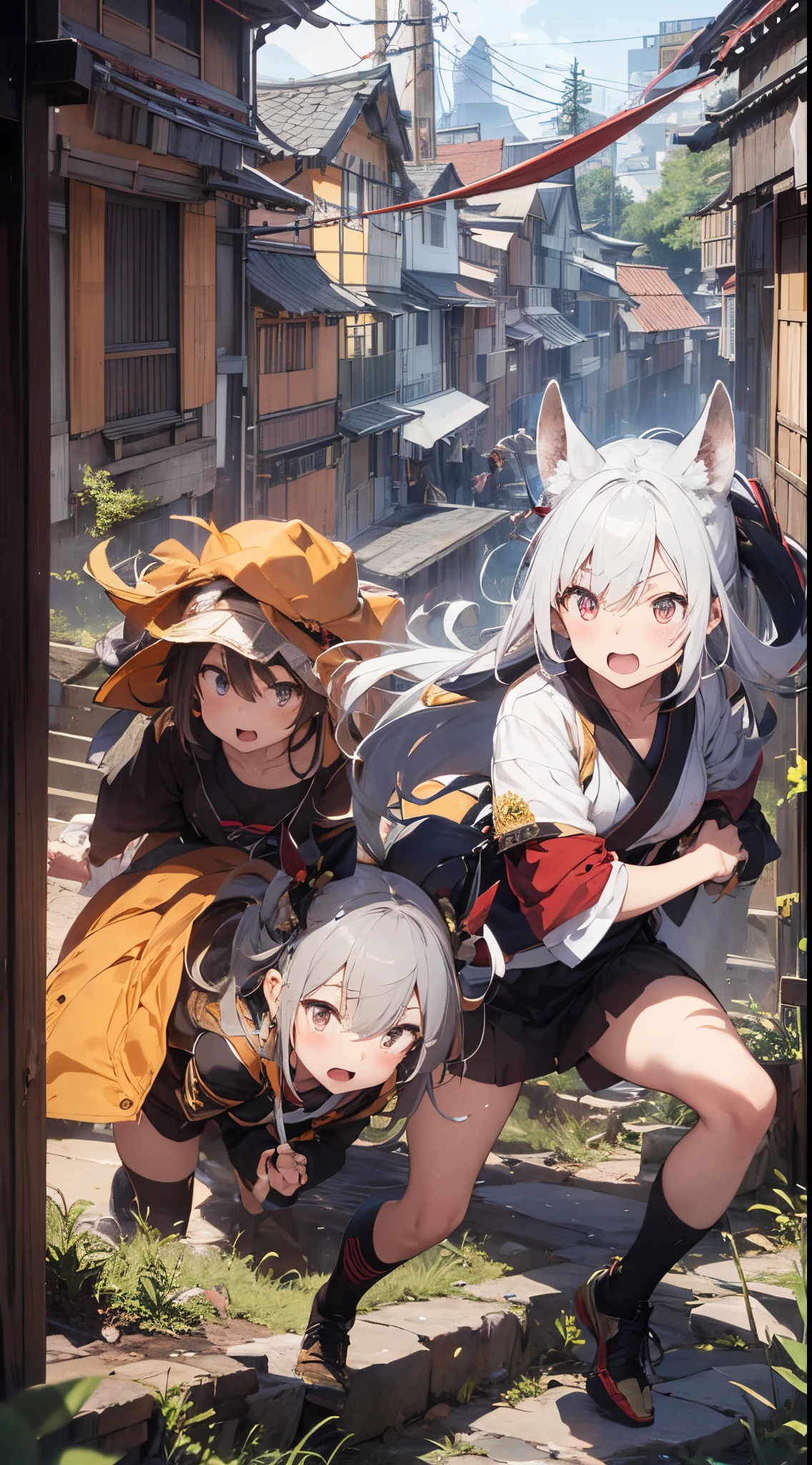 ​masterpiece、(detaileds、hight resolution、top-quality)、（女の子 1 人：1.5）、Onmyopath、samurais、A war-torn country with half-demons。 Silakurena, once a united state,、The country collapses due to the death of Meishu, who was organizing various places.、The three domains were entering the Warring States Period, where they were vying for the unification of the world.。 Nearly half of Shirakena is made up of humans.、There are also half-youths and beastmen.、The composition is largely divided by the clan.。 Northeast「Swaga Clan」は呪術や式神を駆使するOnmyopathたちの藩、Southeast「Takekura Domain」は城壁をも斬り裂く一騎当千のsamuraisたちの藩、western「Zion Clan」is a clan of subhumans such as half-youkai and beastmen who are good at witchcraft and covert actions.。 The three clans fought many times,、Through tactics that make the most of each characteristic、The forces were antagonistic。 After metastasis、Suddenly, the three clans that were confused by the shock of metastasis「Your power... Show me out...」I heard a voice saying.。 Convinced that this must be a message from the divine fox in the world of Shirakurena, the three clans decided to make a temporary truce.、Again became one country as Sirakrena。 Eta、To Centrake, who has tried to contact、Obey the message and wield your power as one、It was going into a state of war.。