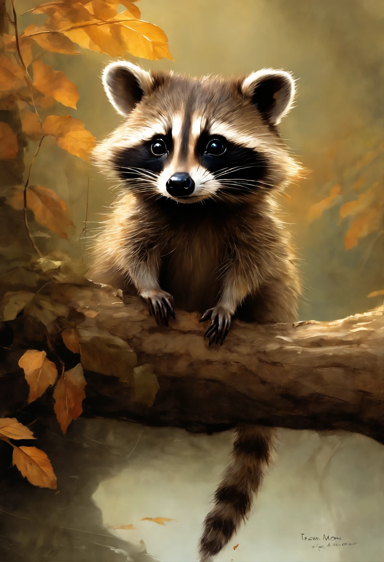 真实感, Painting by Jean-Baptiste Monge of a cute baby Raccoon. , looks out of the hollow, puddles on a summer autumn day, jean - baptiste monge, anthropomorphic --ar 2:3 --testp -optimistic;