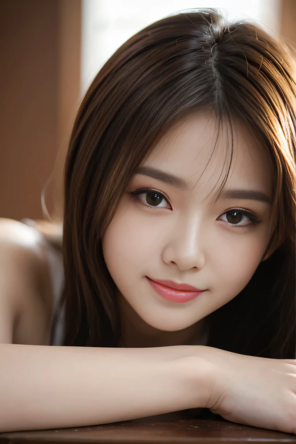 On a table，Best quality, realistically, ultra - detailed, Detailed pubic hair, A high resolution, solid color backdrop，8k wallpaper, 1 Beautiful woman,,light brown messy hair,  lock focus, Perfect dynamic composition, beautidful eyes, Delicate hair, 细致realistically的皮肤纹理, Smiling, closeup portrait, Model body type