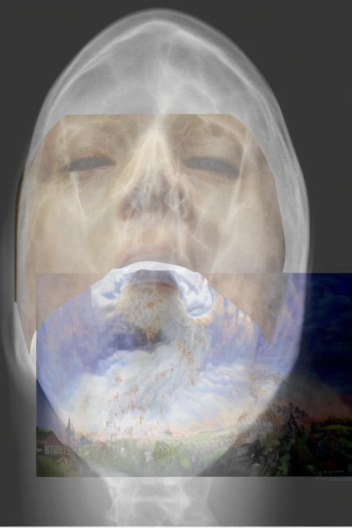 imagem arafada de um homem com uma boca grande e um dente grande, inspired by Anna Füssli, consciousness projection, pintura fosca da mente humana, face fractal, stable diffusion self portrait, face fotorrealista, rasing of consciousness, lobotomia de uma mulher bonita, head fully visible, visible head, mist rising from the head