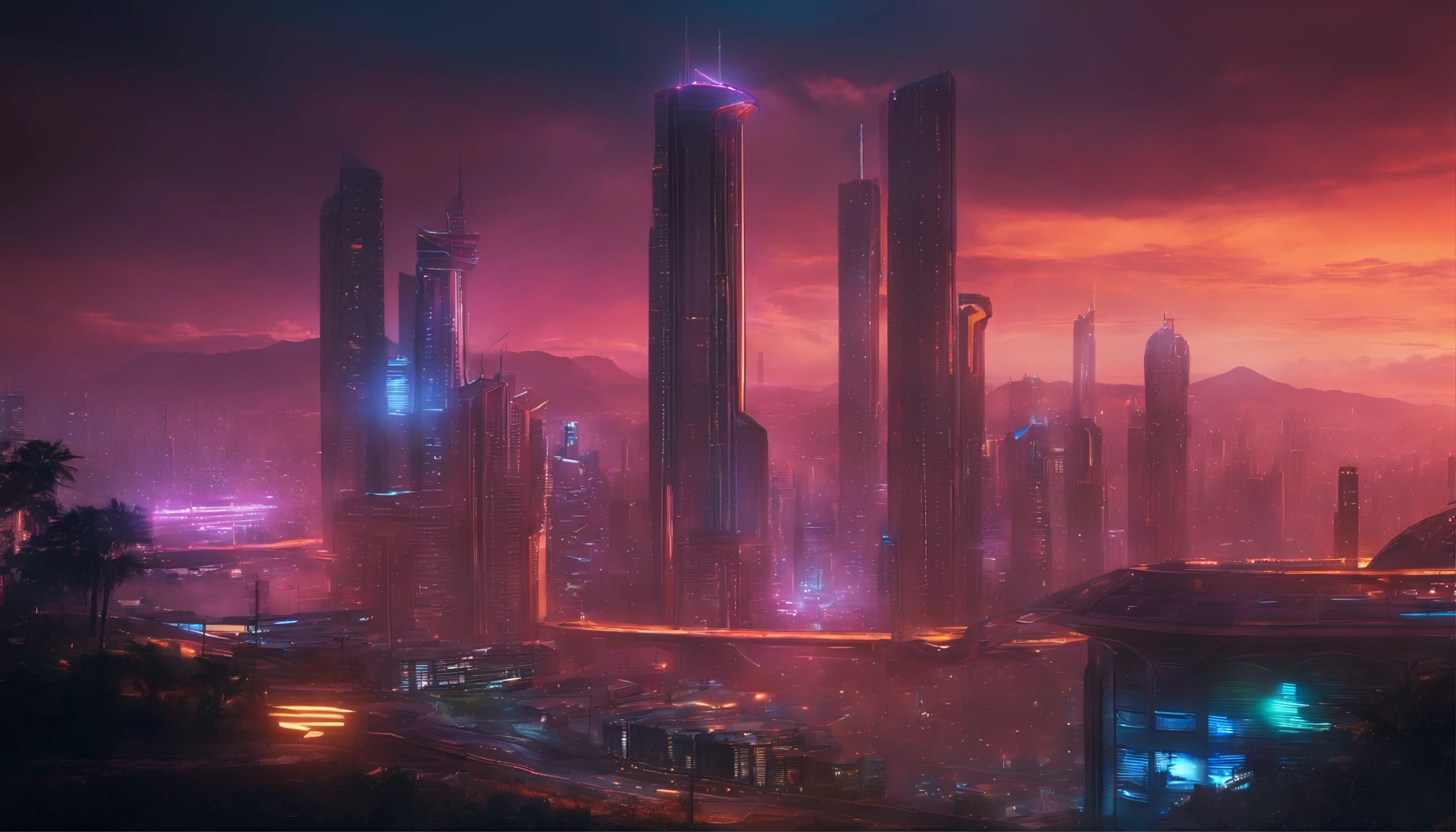 (obra prima) cidade no estilo cyberpunk, illuminated sky, neon light, imagem vista do zero, paisagem ampla, cidade futurista