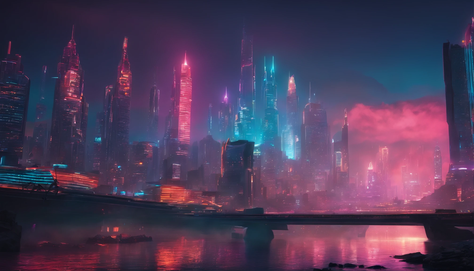 (obra prima) cidade no estilo cyberpunk, illuminated sky, neon light, imagem vista do zero, paisagem ampla, cidade futurista