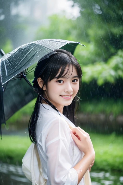 ((masterpiece))), (One beautiful Japan girl, classmates, landscape and innocence,kawaii,A dark-haired :1.4)) ,超A high resolution, Realistic, ultra-detailliert, 8K,top-quality, Extremely detailed, Detailed background,A slender,very beautiful japanese girl, Detailed face:1.3), , (a ,kawaii系,adorable girl),masutepiece, High resolution, 8K, Bursting smile,show me your beautiful teeth,Eyes are double, high-level image quality, High quality、Detailed background、early evening、rain is falling、Rain-soaked hair、White shirt wet in the rain,4 fingers, 1 thumb、Detailed female face、Cute and charming pose、masterpiece、Soft Focus , bright and gentle light , Lens Flare ,Dreamy , Wet in the rain, clothes that cling to one's body、(Black bra shows through)、((Heavy rain background))、(((Beautiful water background、a miniskirt、With the rainbow in the background))),beautiful thigh