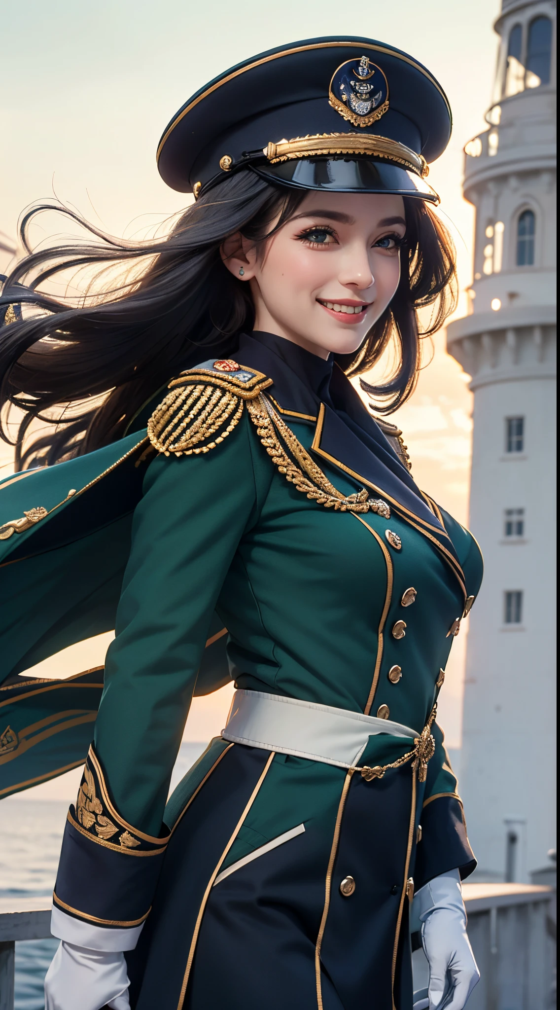 (UHD, retina, masterpiece, ccurate, anatomically correct, textured skin, super detail, high details, high quality, best quality, highres, 1080P, HD, 4K, 8k, 16k), (beautiful detailed eyes, beautiful detailed lips, extremely detailed eyes and face), studio lighting, physically-based rendering, vivid colors, (large breasts, glamorous body), (royal green color, naval uniform coat, rank insignia:1.5), (peaked cap:1.2), business shirt, gloves, (portrait, shiny hair, shiny skin, blush, hair blowing in the wind), (composition standing in front of a lighthouse, bokeh), eye reflection, jet black hair, (smile and laugh:1.5),