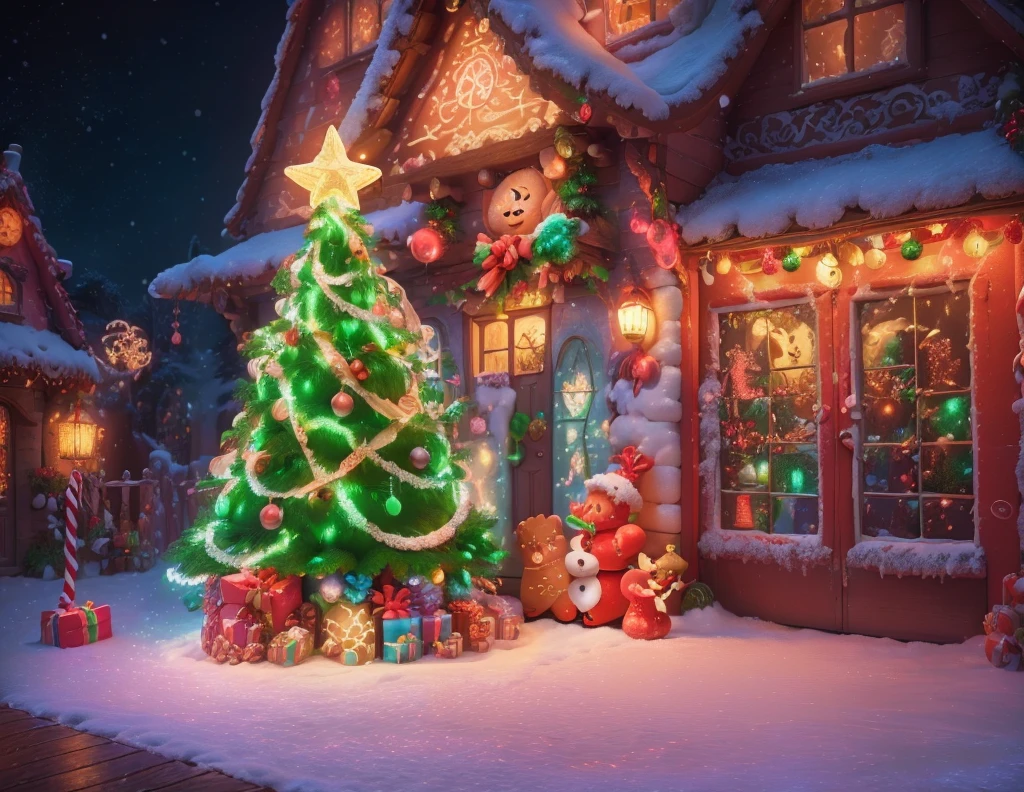 (tmasterpiece),(ultra - detailed:1.3),(Close-up: 1.8), Best quality,(Sparkling:1.2),(Christmas courtyard in a dreamy fairy tale:1.6),(Neon house,门上圣诞decorationlower ring: 1.8),(themoon),(((Delicious candies in front of the door,Christmas tree, gifts, Christmas stockings, cute gingerbread man,chocolate house splash))), Illustration style, decorations, Fantasy Christmas small courtyard, Lovely design style, natta,yuki,moon full,vivd colour、 ((Whimsical and charming fantasy)), Surreal portrait, (Fantasy themed Christmas cabin), (Whimsical Christmas Accessories), (Colorful, Landscape full of candy), (enchanting, 神奇的Christmas tree), (A vibrant one, Candy-colored courtyard), (Candy Road), (candy door) in distance, (Like a mirror, 不对称tmasterpiece钟表配件), (Rich, fantasticcolors), (Twinkling starour dimensional dream), (enchanting atmosphere), (Playful composition), (Vivid lighting effects), 1.4x realism,hyper HD,Shown in this beautiful scene,(Very meticulous,Reasonable design,Clear lines,High- sharpness,tmasterpiece,offcial art,movie light effect,8K)