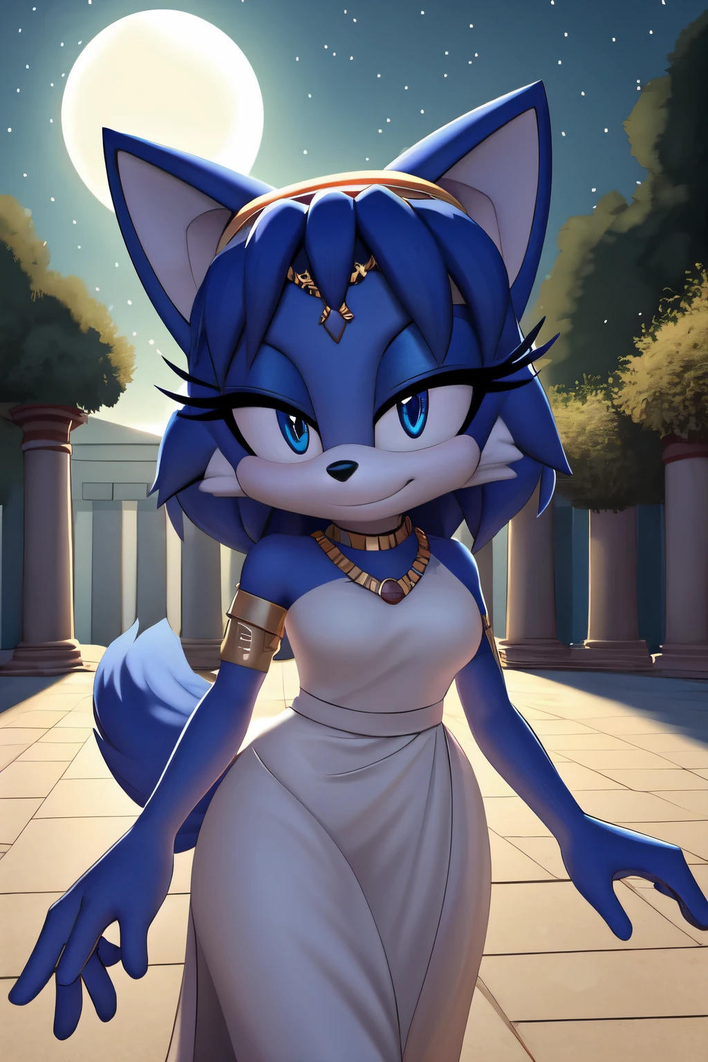 Krystal The Fox, Blue Fox, Blue Skin, Blue Eyes, Fox Tail, Beautiful, Short Hair, Yellow Hairband, Jewelry, White Dress, Long Dress, Night, Stars, Looking at Viewer, walking, 2D illustration, 2D art, A Background of a Roman pillars in a Roman temple, with flowers, upper body, close up, head portrait