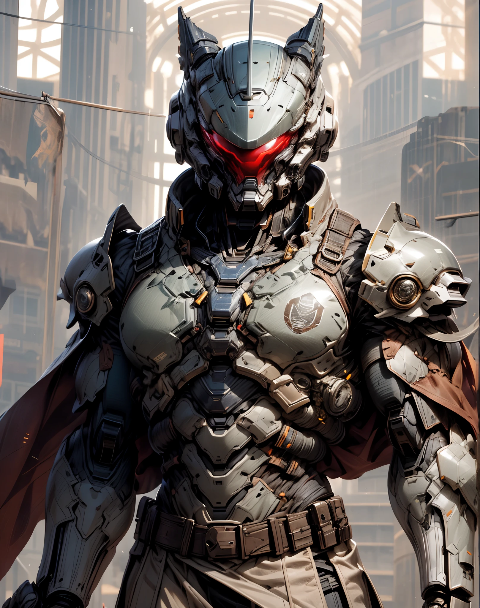 (((An epic and visually stunning digital anime masterpiece featuring a sylphlike masculine ((male:1.5)) decorated military dieselpunk cyborg soldier clad in a sleek yet tactical armored yet decorated leather military trench coat:1.2))), (((flat masculine male chest:1.5, mechanical full head helmet, mecha helmet with a narrow visor:1.5))), (((the character adorned in a (scifi tactical armored open front trench coat with a built in exoskeleton) (over a form fitted armor plated yet super sleek and revealing under suit with waist cut outs), the armor plating on the upper arms and shoulders beautifully engraved))):1.4. The image showcases the intricacies of the character’s armor and clothing:1.5, ((capturing their flamboyant essence and heavy mecha aesthetic:1.2)). The character also possesses an androgynous charm, (((with slim yet heavily muscled physique:1.2, sylphlike with a sleek waist, toned yet beautifully sleek cybernetic arms:1.3, mechanical arms and legs:1.3, mecha muscles:1.3))), looking at viewer, (((brass metal armor and brown leather, dieselpunk:1.3))), (((depth of field, cinematic lighting, chromatic aberration, ray tracing, UHD, masterpiece, top of head covered, super detail, high details, high quality, award winning, 8k, highres, halo)))