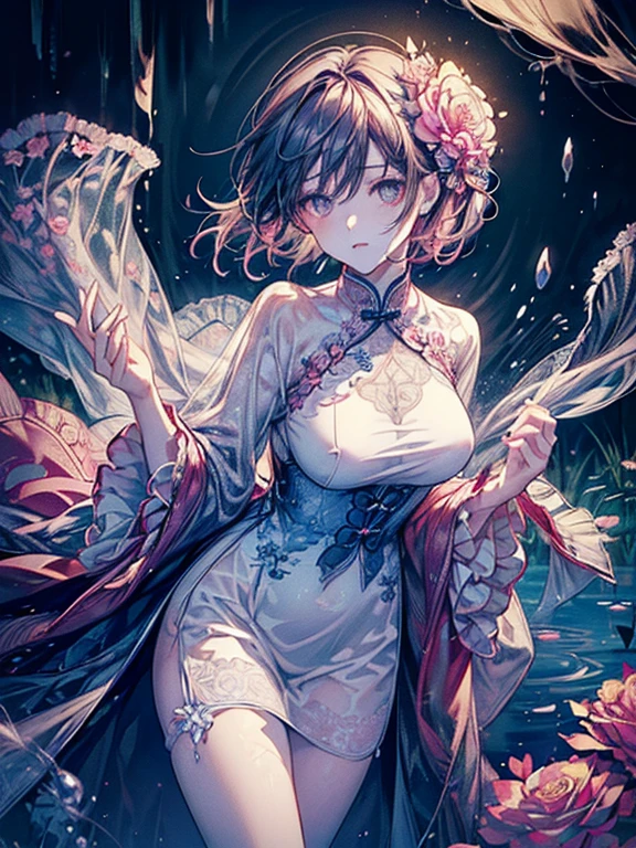 ((Finest quality)),(超A high resolution),(Ultra-detailed細),(Meticulous portrayal),((the most picturesque works of art),Ultra-Precision Art,The art of astounding depiction,Fantasyart:1.5, ((Beautiful flowers々:1.5)),((Creeper:1.5)), (Body eroded by flowers:1.3),Glamorous body:1.3,fancy background effects、masterpiece、Fancy details、(NSFW 1.1), ((1girl in)), ((masutepiece)), ((Highly detailed:1.3)), In crystal clear water,beautiful woman entering the lake, ((long yellow hair)), Wet hair, Wearing a light transparent dress, clothed bathing, steam, (Rose petals floating in water:1.3), Early morning light, Ivory Gold AI, windows, Crepscular lighting, 、Lace sheer underwear、very very gigantic boobs、Pink nipples、pink areolae,透けて見えるPink nipples、透明なpink areolae、lace and string shorts.、princess carry,Sexy lingerie with lace and strings,See-through sexy lingerie,Transparent lingerie、translucent dress、pearlsescent、pearls、Sexy Harness、Sexy garter belt、Sexy Stockings、Well equipped,intimate, rose garden、Multicolored roses、lake with floating roses、Lying down、Open legs、Spread your legs、Open thighs、Immersion in water、Wet body、splash water、gorgeous flower decoration、big flowers、stylish hair、Moon, lantern, Night, Solo, playing in the water, Water, hair flower, flower, Outdoors, skyporn, full Moon, Rain, lantern, wet clothes, skyporn, wet hair (((masutepiece),(the Extremely Detailed CG Unity 8K Wallpapers),Best Quality,Cinematic lighting,Detailed background,Beautiful detailed eyes,Bright pupils, (extremely delicate and beautiful),(Beautiful and detailed eyes description), Ultra-detailed,masutepiece,)),