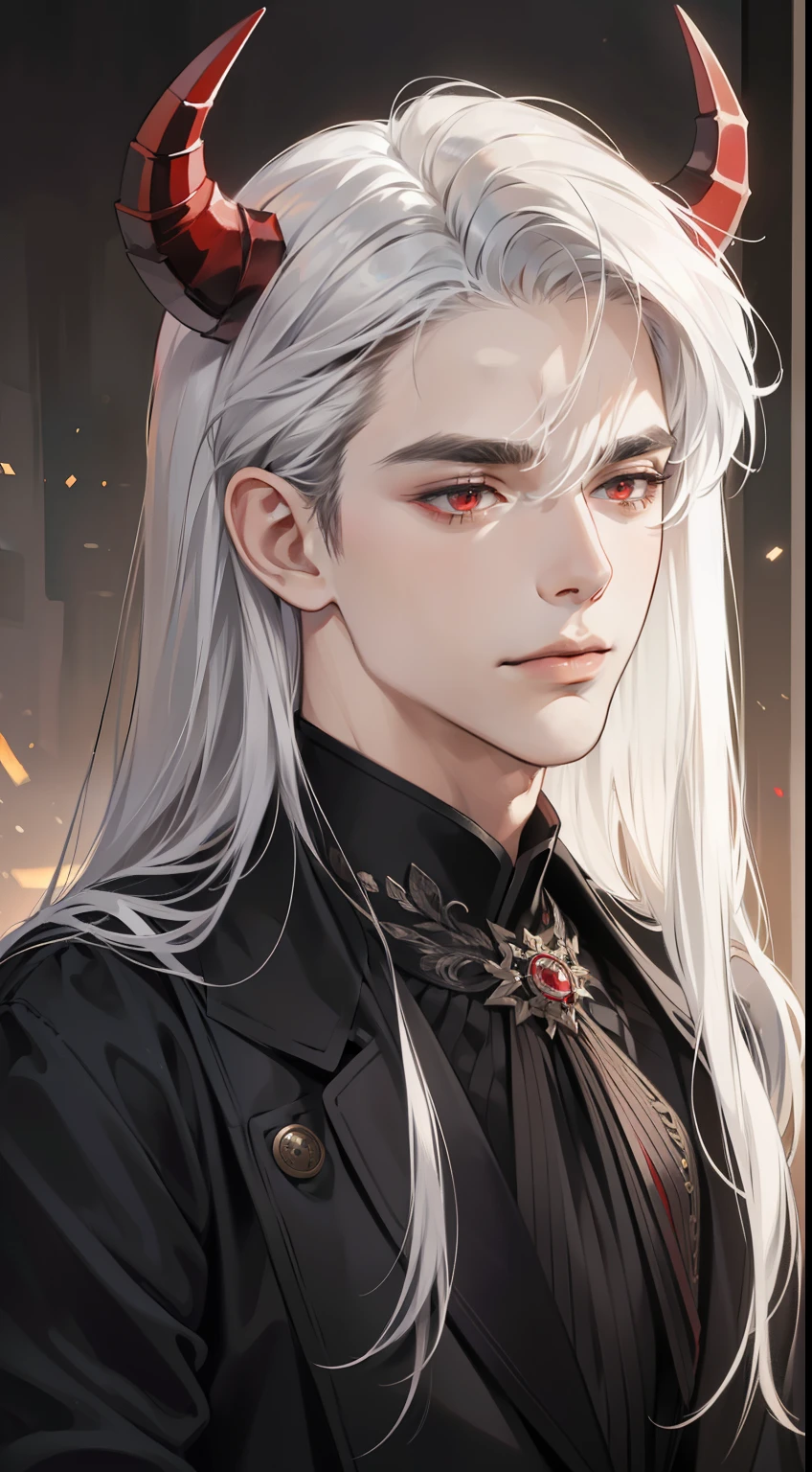 masterpiece, best quality, realistic, 1man, mature male, quiet and charming young man, 25 year old, a smirk, closed mouth, portrait, extremely detailed face, cold and straight face, ((long straight hair)), ((dark red eyes)), ((swept white hair)), [thick eyebrows], dark palace, ((all black clothes)), look at right, demon horns