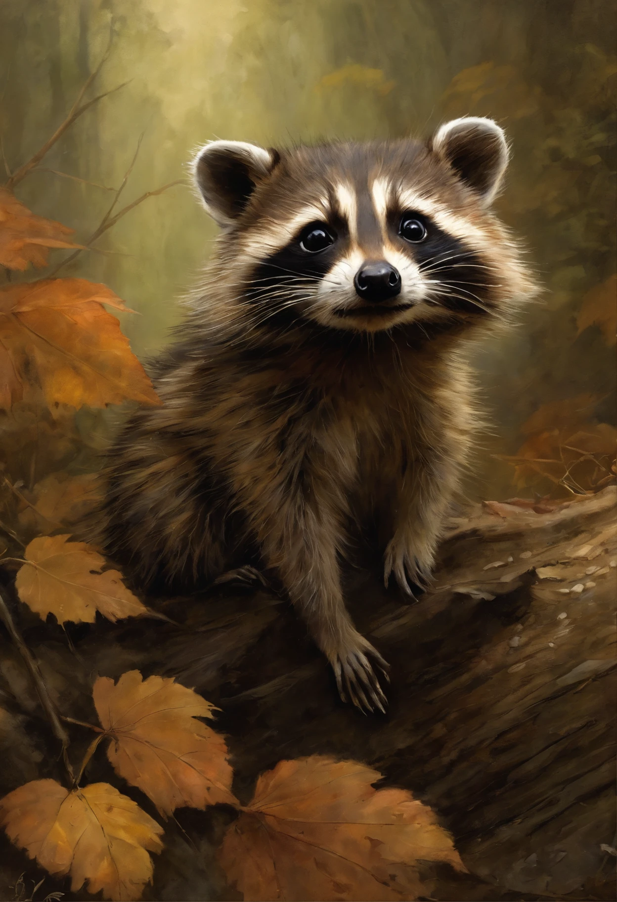 真实感, Painting by Jean-Baptiste Monge of a cute baby Raccoon. , looks out of the hollow, puddles on a summer autumn day, jean - baptiste monge, anthropomorphic --ar 2:3 --testp -optimistic;