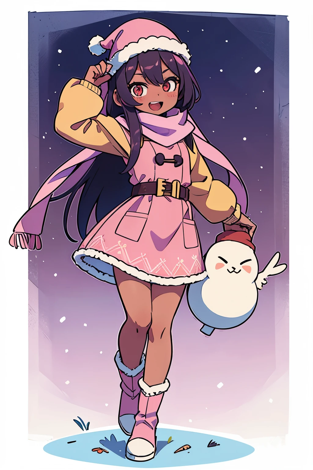 Stand in front of the photo、1girl in, (((dark skin))), Full body,long pink hair,long boots,Open mouth and big smile、kawaii pose、Flowing iridescent silk、Wearing colored tights、up of face、Eye Up、Colorcon with heart pattern、Floral dress、Posing with a snowman、snowscape、season!!: Winters☀ 🍂, snow, (lavender day background), santa hat, scarf, cold