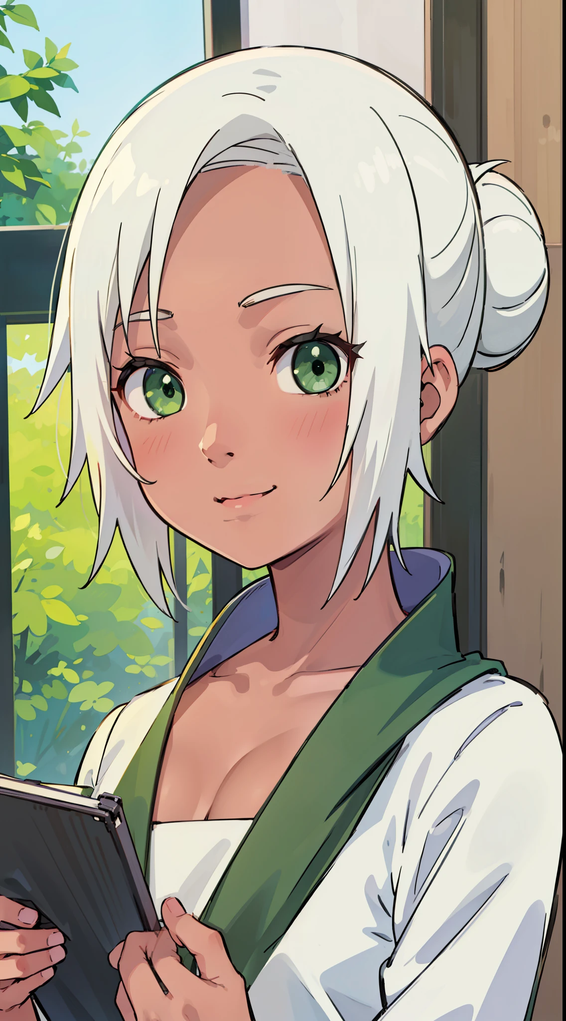 one-girl，plumw，Mabui, short detailed hair, (green-eyed:1.2), White hair, hair-bun, Dark-skinned women,Off-the-shoulder attire，ssmile，looks into camera，