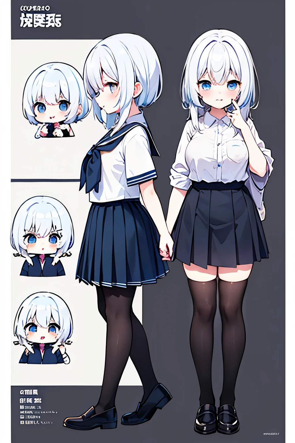 "anime girl, 1 person, silver white hair mixed with black, blue eyes, wearing headphones, female shirt, female school uniform, big breasts, chin in hand, stockings, standing cross-legged, licking lips,chibi,full body ,solo,side view, (full HD 4K+ image)"