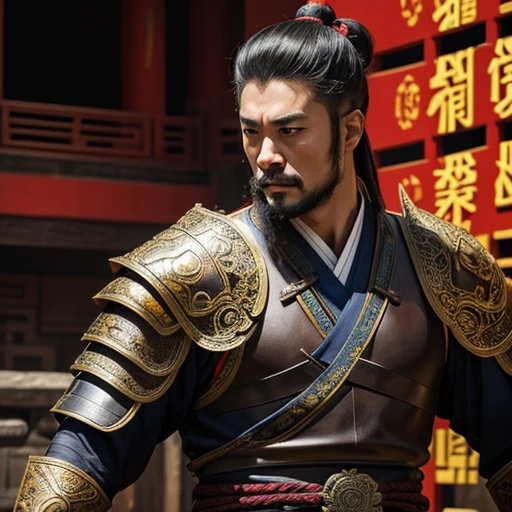 oriental、man in ancient chinese armor、ancient chinese hairstyle man、three kingdom、multiple warlords、top-quality、masterpiece、超A high resolution、(Photorealsitic:1.4)、Cinematic poster、Supporting role introduction