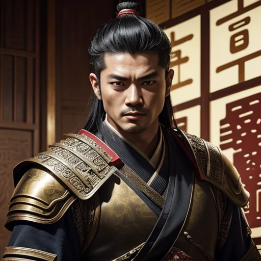 oriental、man in ancient chinese armor、ancient chinese hairstyle man、three kingdom、multiple warlords、top-quality、​masterpiece、超A high resolution、(Photorealsitic:1.4)、Cinematic poster、Supporting role introduction