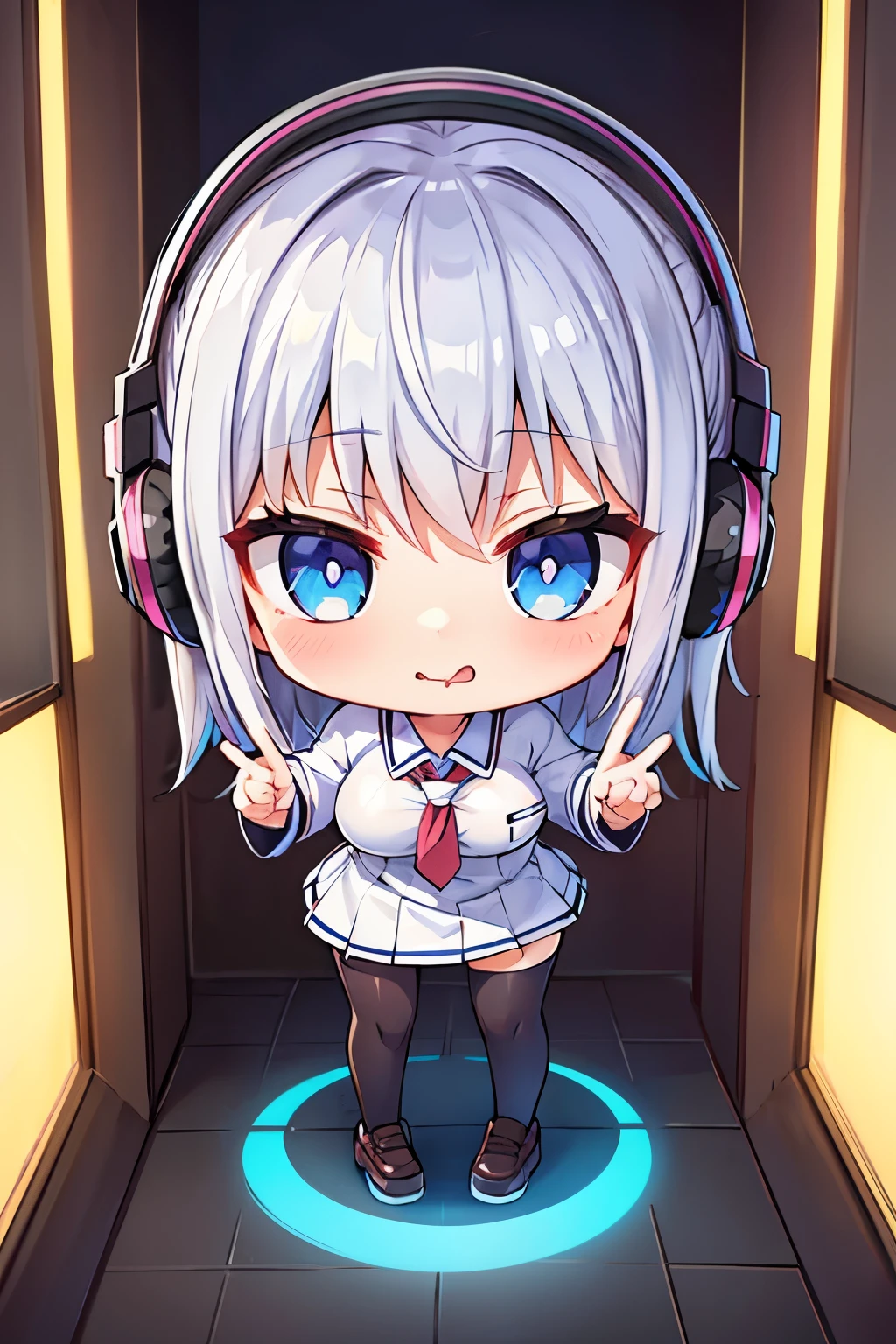 "anime girl, 1 person, silver white hair mixed with black, blue eyes, wearing headphones, female shirt, female school uniform, big breasts, chin in hand, stockings, standing cross-legged, licking lips,chibi,full body ,solo,side view, (full HD 4K+ image)"