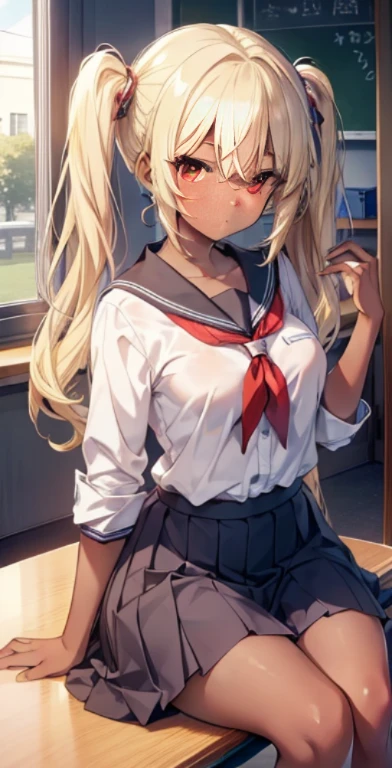 (masterpiece: 1.2, best quality), 1 lady, solo, school uniform, classroom, day, sit, blonde, twintails, red eyes, open collarbone, dark skin, (open breasts: 1.1),