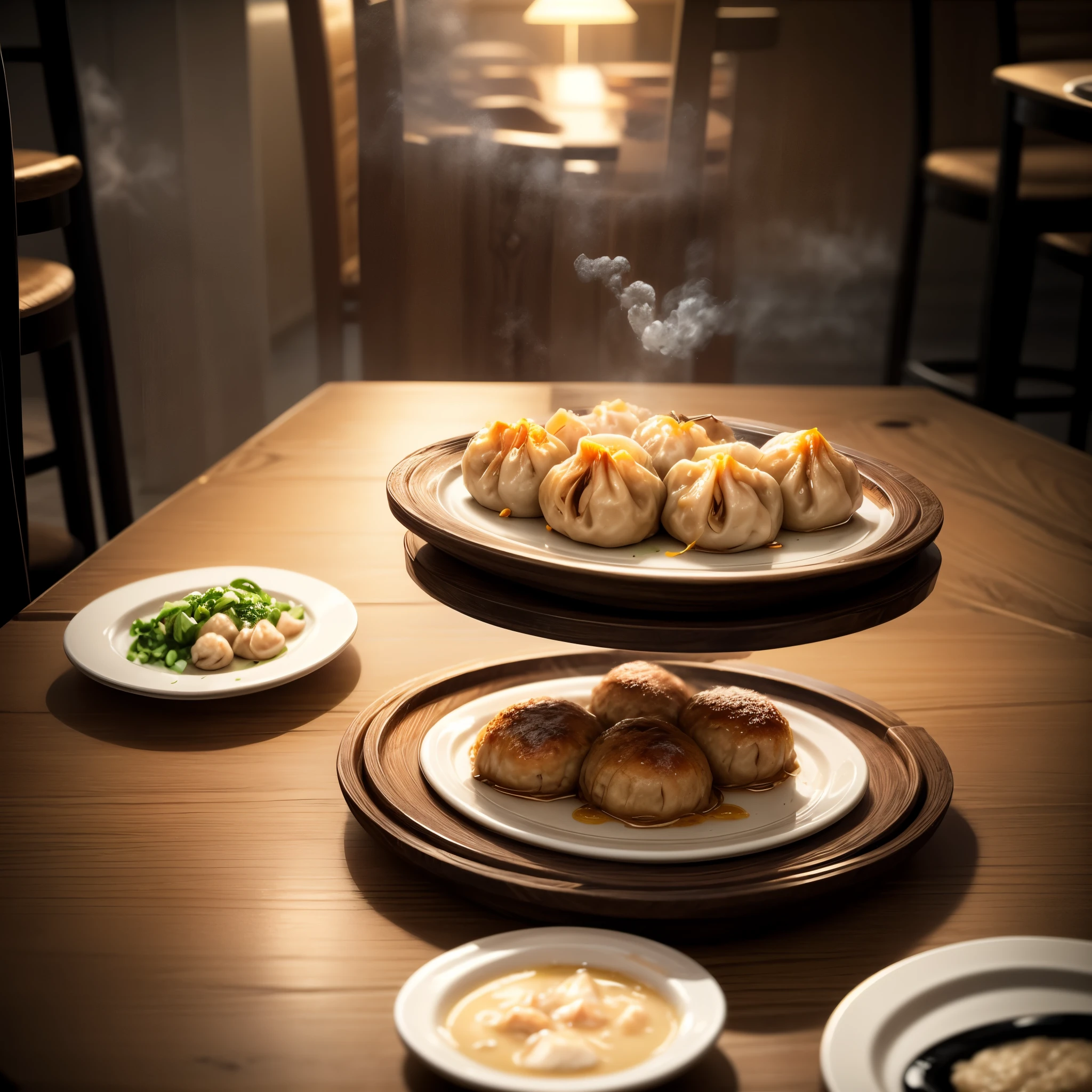 A nice wooden table in a restaurant with a steaming plate of dumplings on it.
