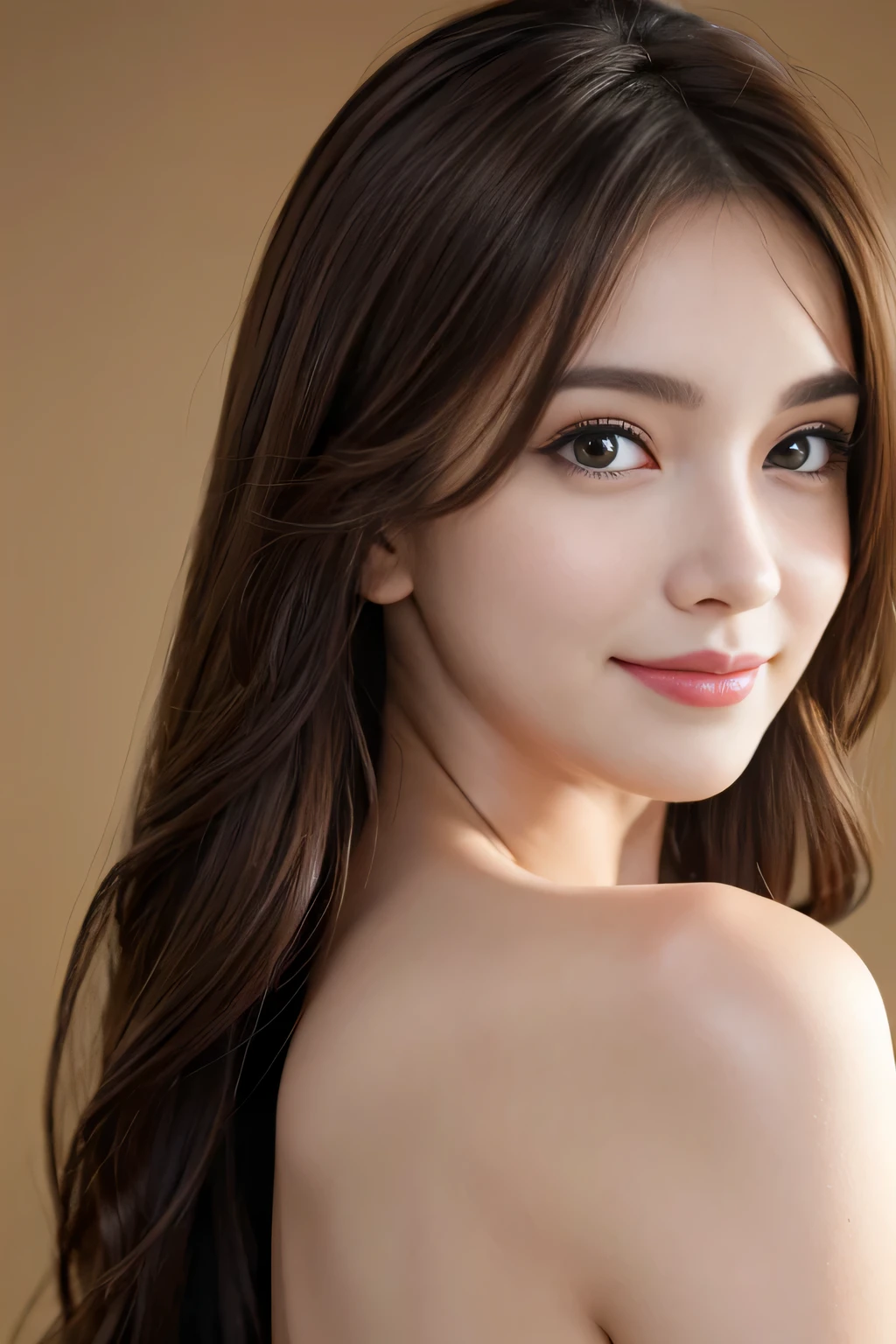 Best quality at best, realistically, ultra - detailed, Detailed pubic hair, A high resolution, solid color backdrop,8k wallpaper, 1 Beautiful woman,,light brown messy hair, lock focus, Perfect dynamic composition, beautidful eyes, Delicate hair, 细致realistically的皮肤纹理, Smiling, closeup portrait, Model body type