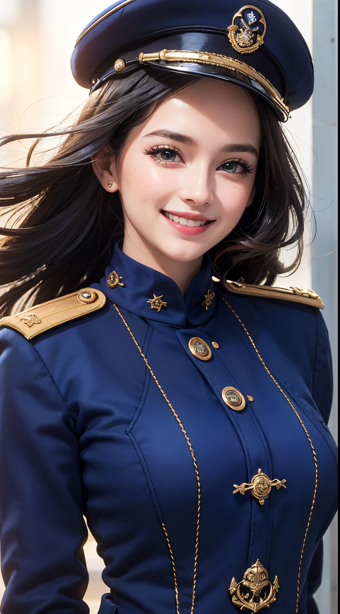 (UHD, retina, masterpiece, ccurate, anatomically correct, textured skin, super detail, high details, high quality, best quality, highres, 1080P, HD, 4K, 8k, 16k), (beautiful detailed eyes, beautiful detailed lips, extremely detailed eyes and face), studio lighting, physically-based rendering, vivid colors, (large breasts, glamorous body), (royal blue color, naval uniform coat, rank insignia:1.5), (peaked cap:1.2), business shirt, gloves, (portrait, shiny hair, shiny skin, blush, hair blowing in the wind), (simple background, bokeh), eye reflection, jet black hair, (smile and laugh:1.5),