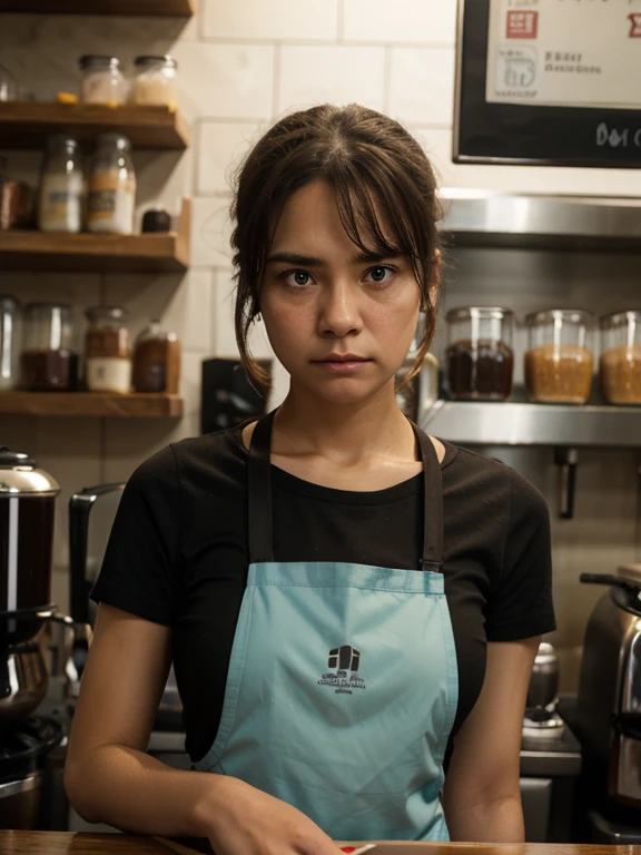 girl with sad look, wearing office shirt and a barista apron,beverage bottle rack background, ultra detail, hdr photography