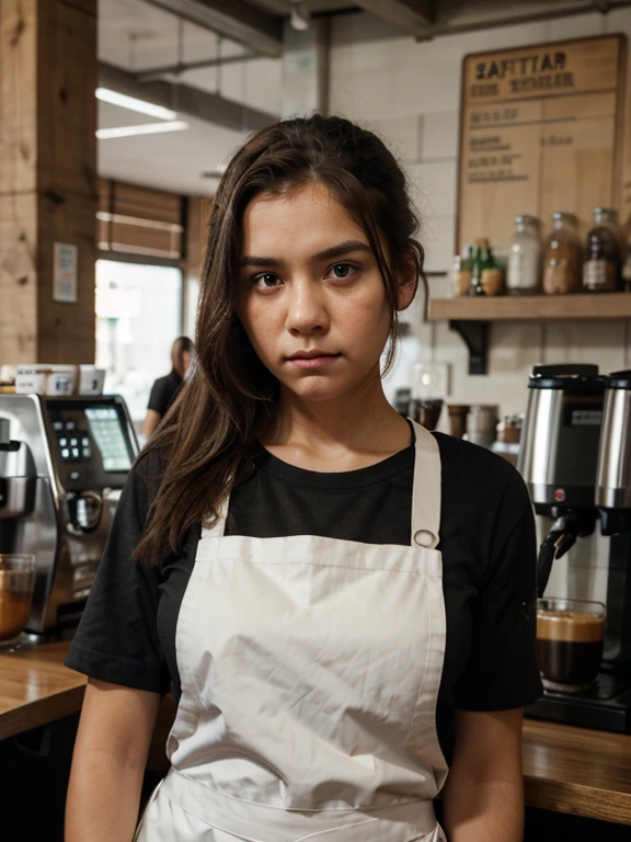 girl with sad look, wearing office shirt and a barista apron,beverage bottle rack background, ultra detail, hdr photography