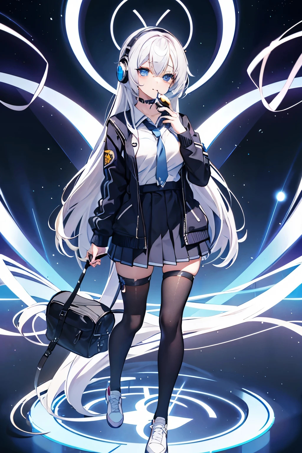 "anime girl, 1 person, silver white hair mixed with black, blue eyes, wearing headphones, female shirt, female school uniform, big breasts, chin in hand, tights, standing cross-legged, licking lips,chibi,full body ,solo,side view, (full HD 4K+ image)"