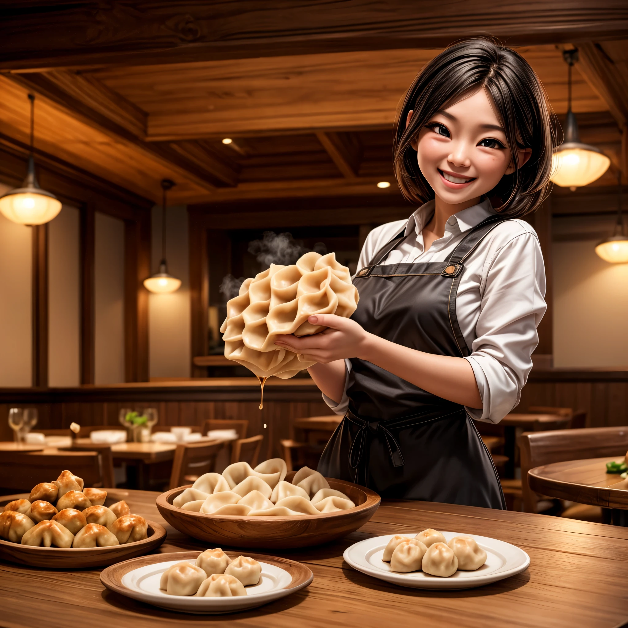 (best quality,realistic),wooden table,restaurant,dumplings,dancing,steaming,soy sauce,smiling,laughing,cute eyes
