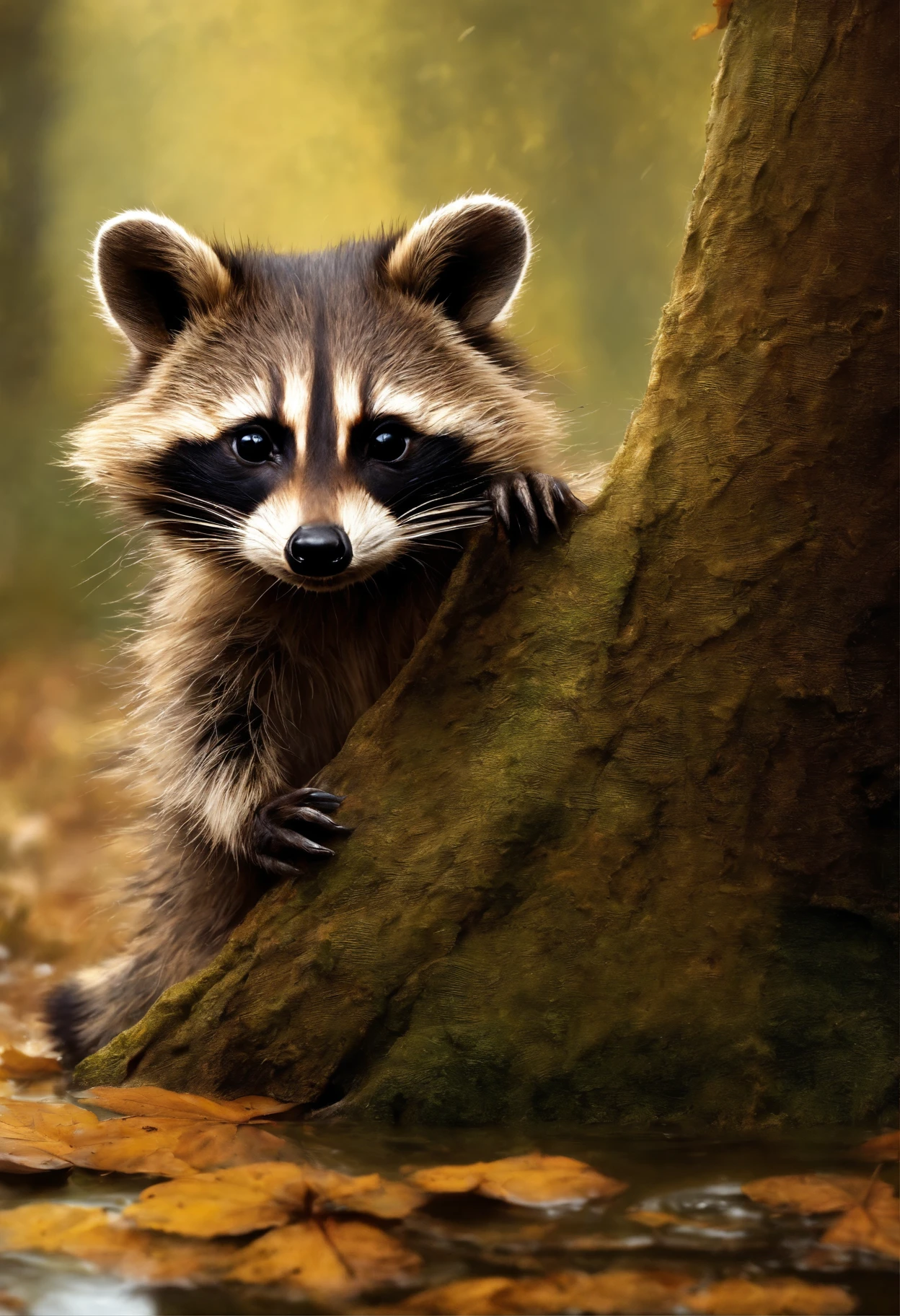 真实感, Painting by Jean-Baptiste Monge of a cute raccoon.. , looks out of the hollow, puddles on a summer autumn day, jean - baptiste monge, anthropomorphic --ar 2:3 --testp -optimistic;