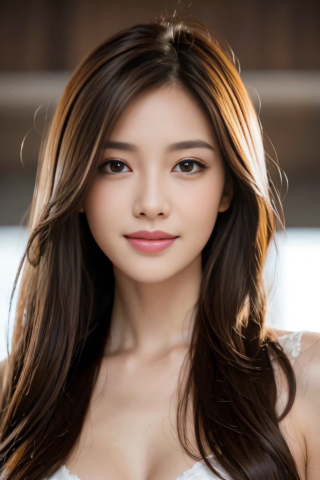 Best quality at best, realistically, ultra - detailed, Detailed pubic hair, A high resolution, solid color backdrop,8k wallpaper, 1 Beautiful woman,,light brown messy hair, lock focus, Perfect dynamic composition, beautidful eyes, Delicate hair, 细致realistically的皮肤纹理, Smiling, closeup portrait, Model body type
