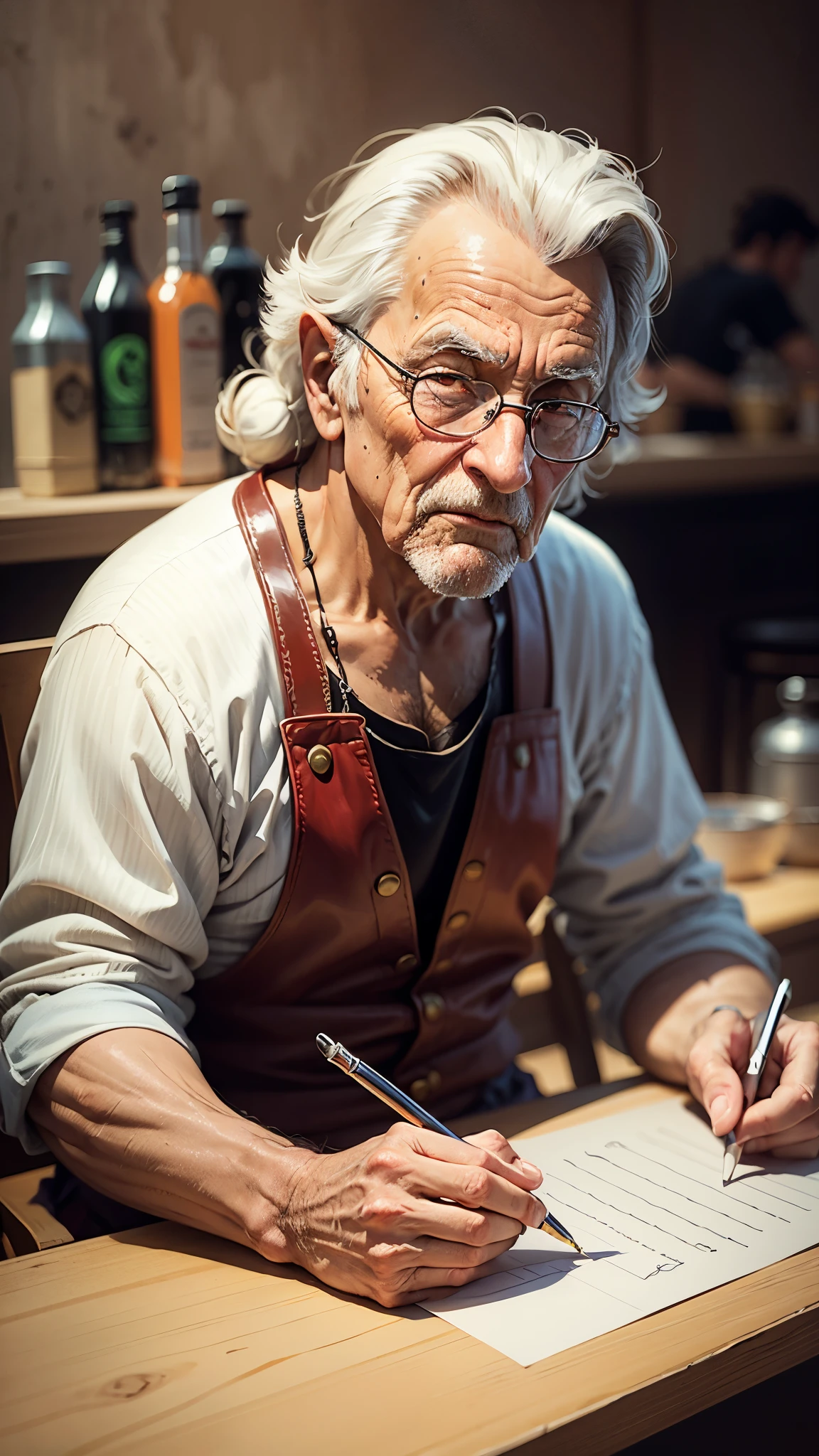 Expressive old wise guy sitting in the bar  with background stage of band  painterly style, blending for shadow and wet-on-wet for texture, featuring dark tosca and red --auto --s2